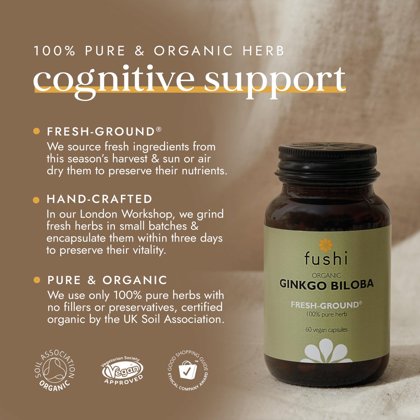 Fushi Organic Ginkgo Biloba Capsules, 60 Caps | Fresh-Ground Whole Food | Memory Boosting Properties | Ethical & Vegan | Made in the UK, Packaging may vary