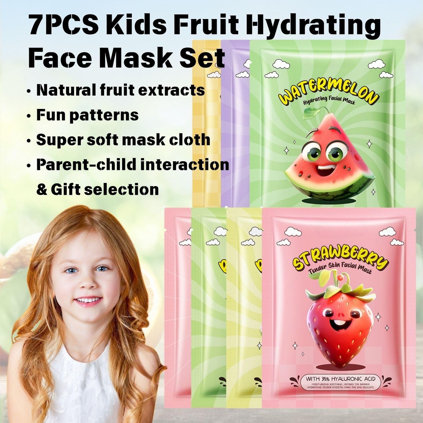 Cureluxe Kids Face Masks for Girls – 7PCS Fruit Hydrating Face Mask Set with Collagen Face Mask & Fruit Extracts – Gifts for Teenage Girls – Skincare for Kids – Teen Skincare – Women's Pamper Set
