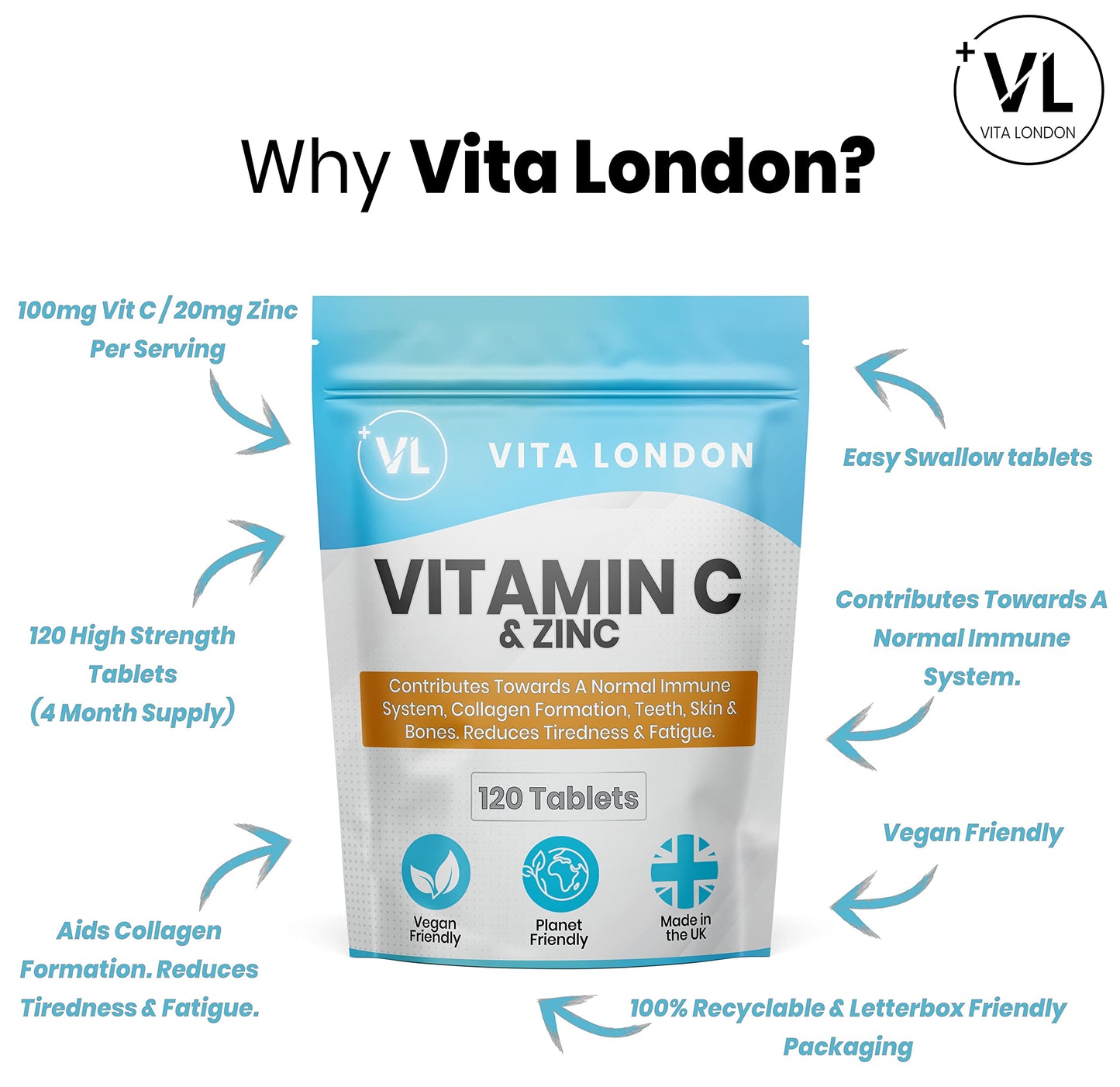 VL Vita London Vitamin C & Zinc 1200mcg | 120 High Strength Vegan Tablets (Not Capsule or Powder) | Made in UK | for Normal Immune System | Supplement for Men & Woman