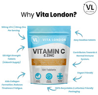VL Vita London Vitamin C & Zinc 1200mcg | 120 High Strength Vegan Tablets (Not Capsule or Powder) | Made in UK | for Normal Immune System | Supplement for Men & Woman