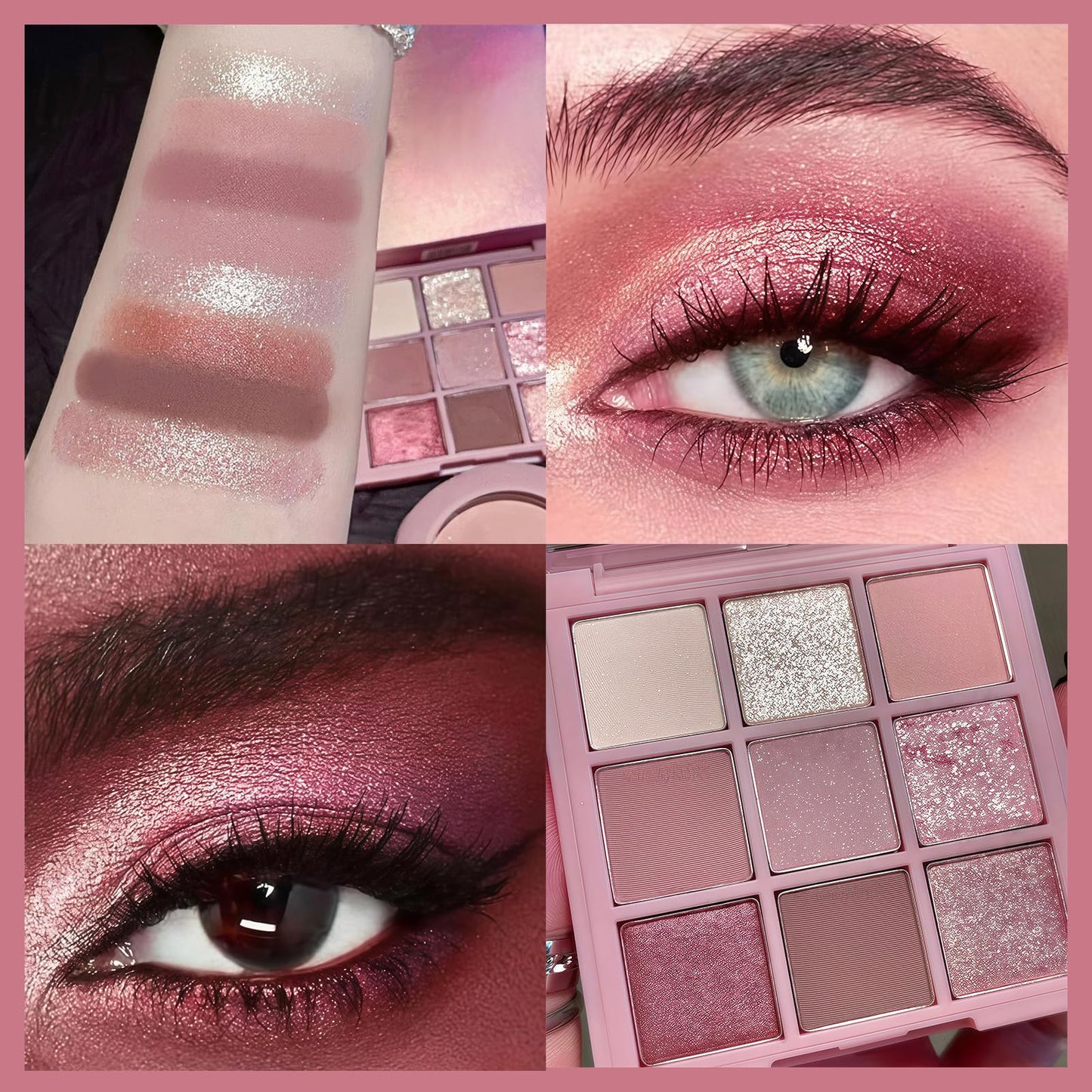 Coloroom Pink Eyeshadow Palette - 9 Colour Glitter Eyeshadow, Matte & Shimmer, Bright Long-Lasting & Highly Pigmented Eye Shadow Pallet For Women - 3PCS Eyeshadows Brushes