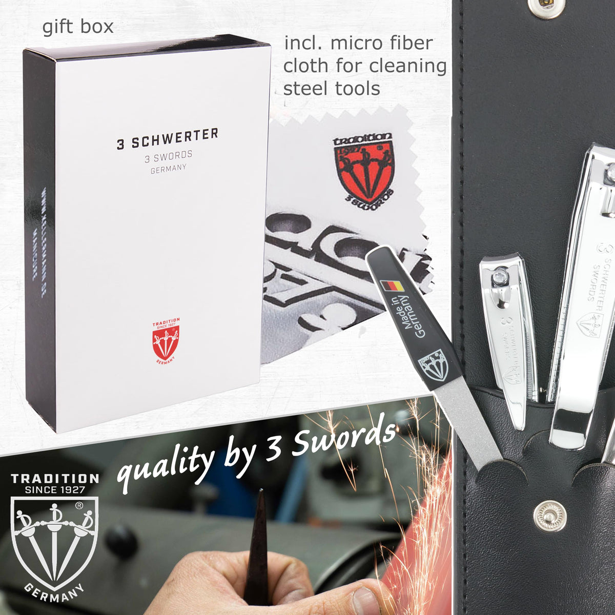 3 Swords Germany - Manicure Set with Toe Nail Clipper, Finger Nail Clipper, Nail File and Tweezers in a Black case - Brand Quality Since 1927