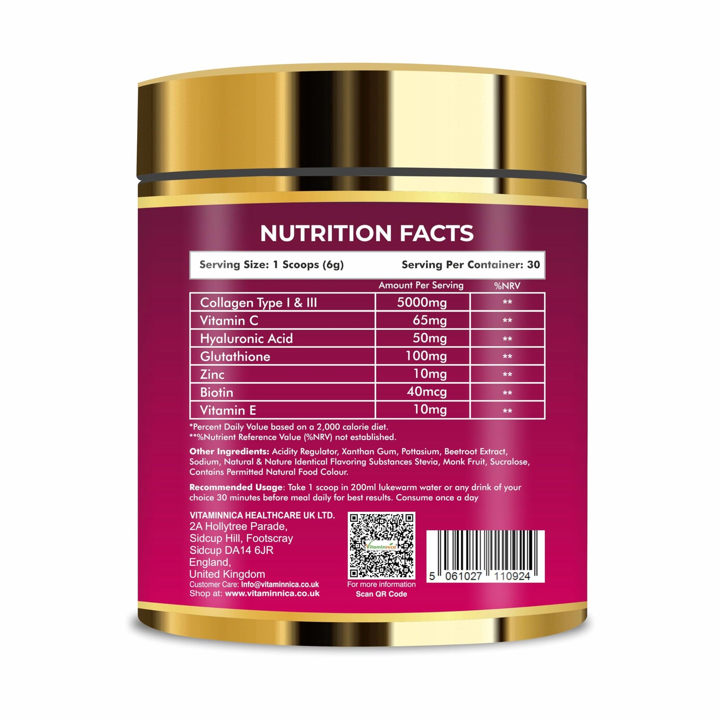 Vitaminnica Because your Health Matters Vitaminnica Vita Beauty Premium Bovine Collagen Powder (Type I & III) with Hyaluronic Acid, Glutathione, Vitamin C, Biotin & Vitamin E | for Glowing Skin & Anti-ageing | 30 Servings (Strawberry)