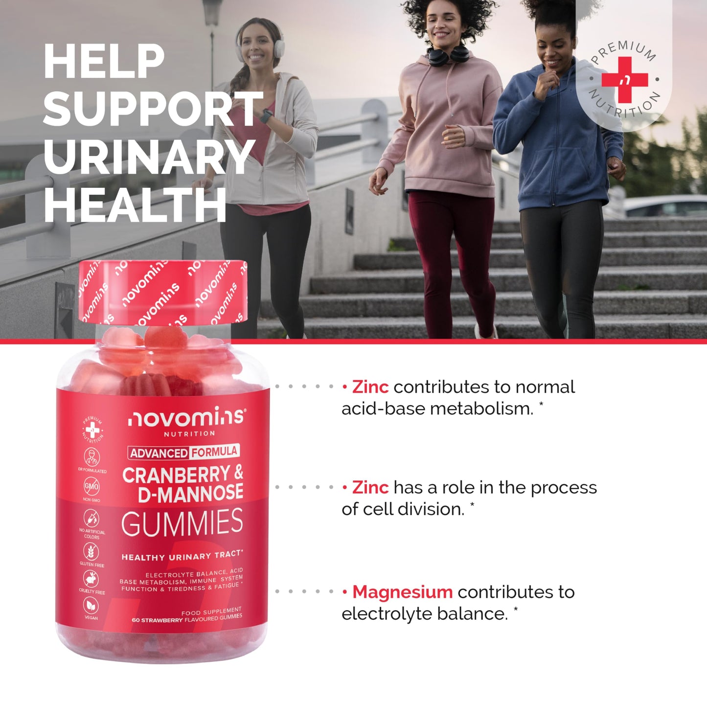 Novomins Cranberry & D Mannose Gummies - Cranberry Supplement for Urinary Tract Health and Better Bladder Control - With Zinc, Magnesium, and D-Mannose Powder - Vegan & Gluten-Free - 60 Inulin Gummies