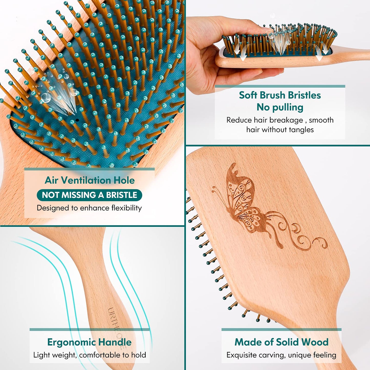 Hair Brush Natural Wooden Hair Brushes for Women Men and Kids, Eco Friendly Paddle Hairbrush for Curly Think Thin Fine Stright Long Hair Make Hair Health and Massage Scalp