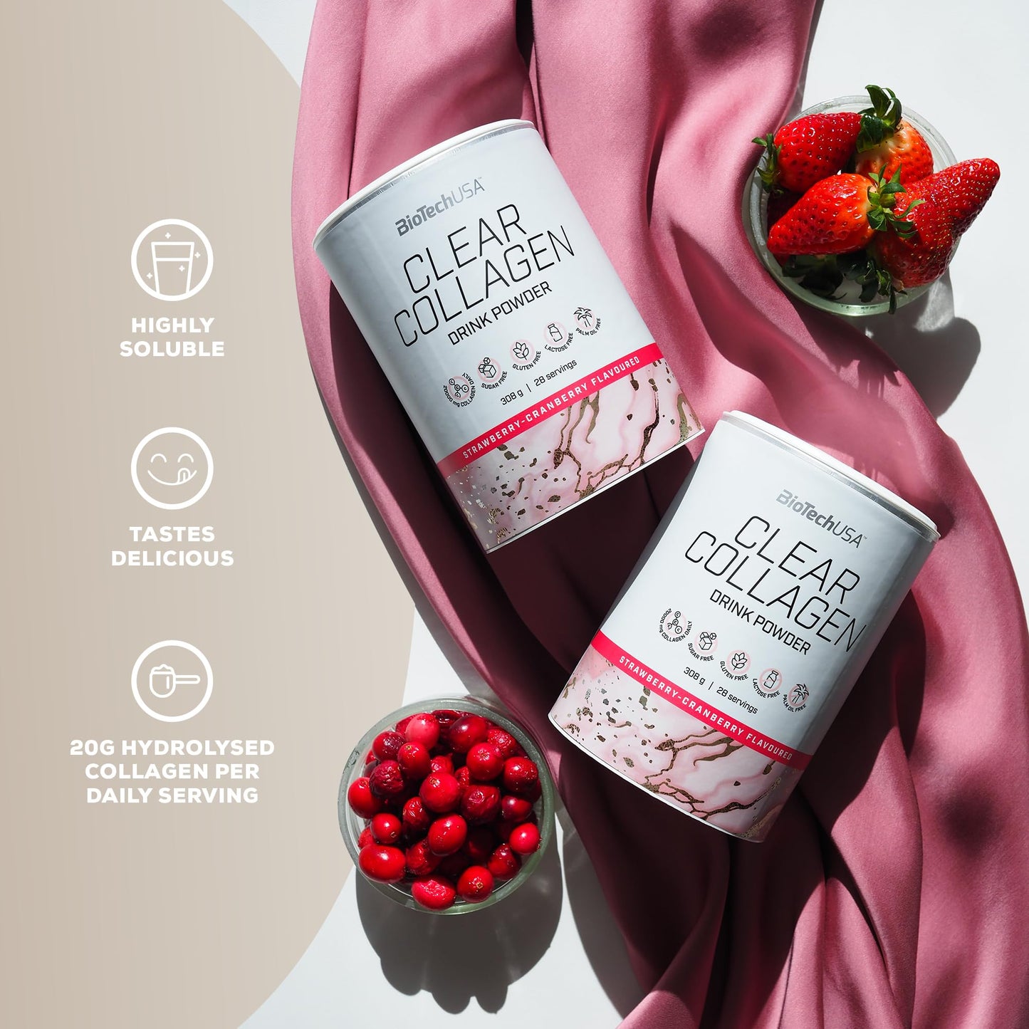 BioTechUSA Clear Collagen Drink Powder, A Refreshing, Flavoured Drink Powder containing hydrolysed Collagen and Sweetener, 308 g, Strawberry & Cranberry