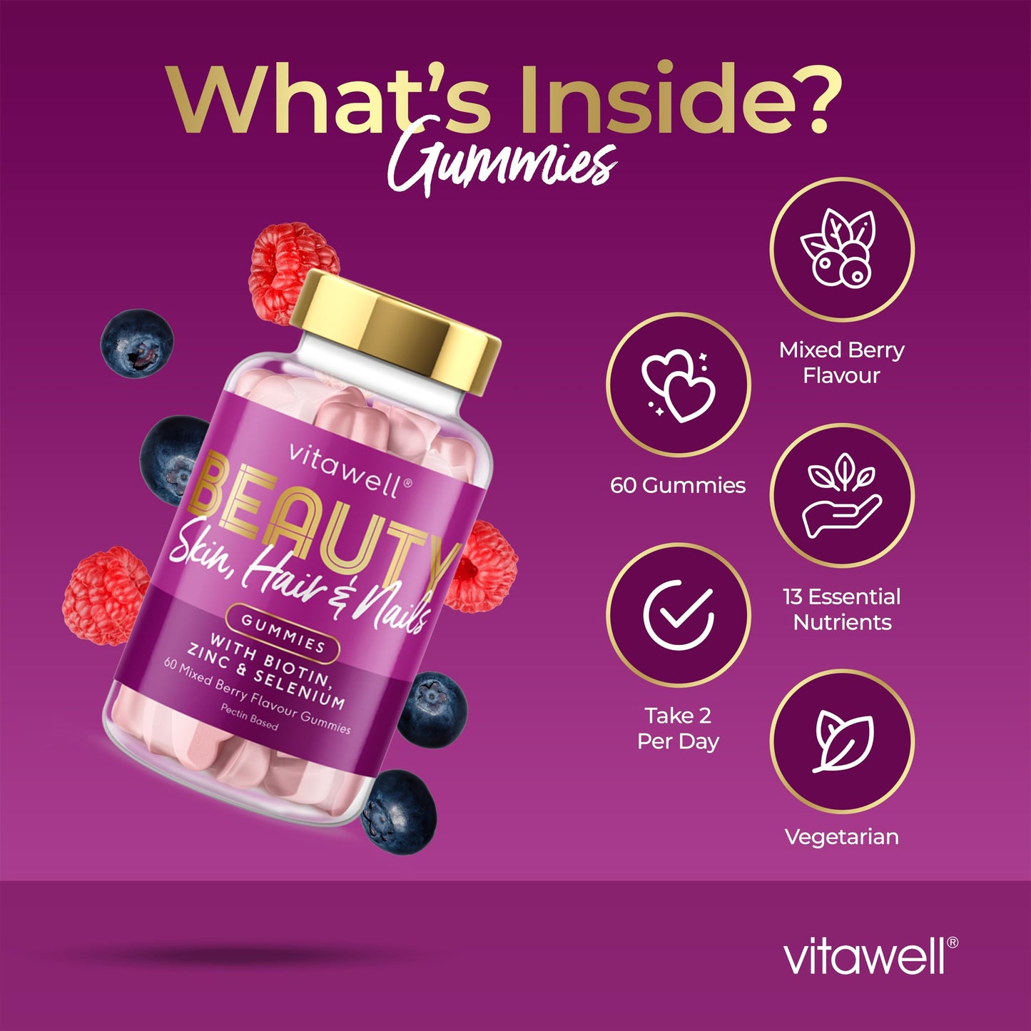 Vitawell Beauty Shine & Glow Gummies | Support for Hair Growth + Skin + Nails Vitamins Chews | Complex Formula Biotin, Zinc, Selenium & Vitamin E | 60 Sweet Berry Flavour | | Multivitamin Gummies
