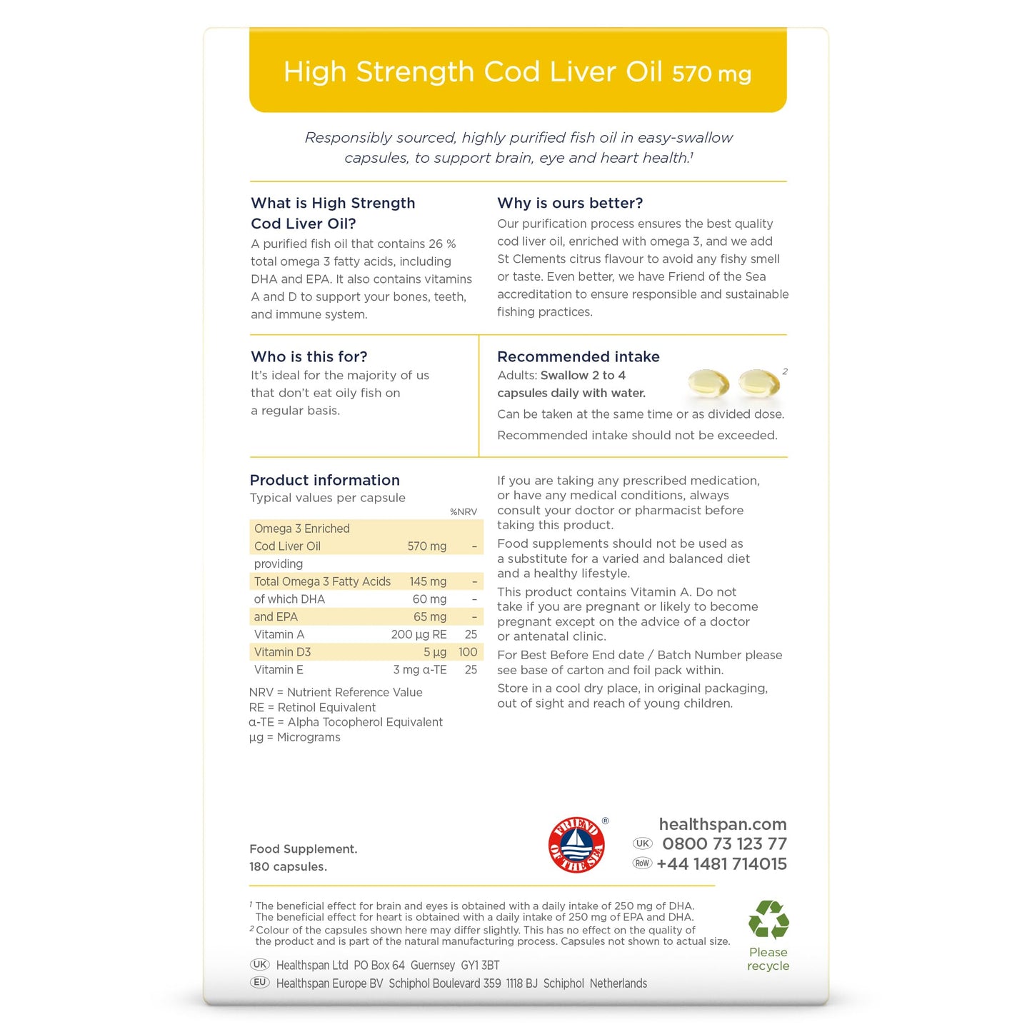 healthspan Healthspan Cod Liver Oil 570mg | Support Your Brain, Heart, Eyes & Bones | 150mg Omega 3 Fatty acids per Capsule (360 Capsules)