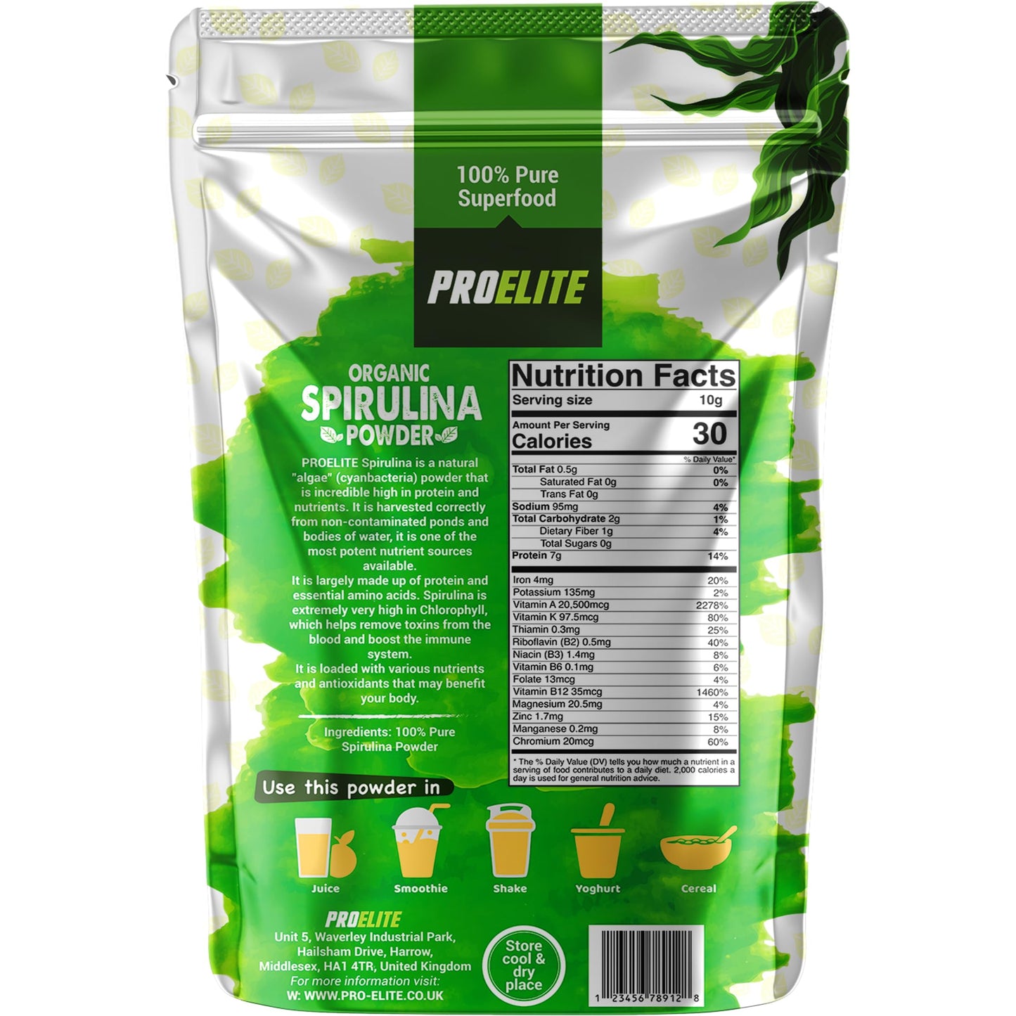 Organic Spirulina Powder 500g Natural Immune Booster | Premium Superfood Super Greens Spirulina Powder | Rich in Essential Vitamins & Minerals Vegans & Vegetarians by PROELITE