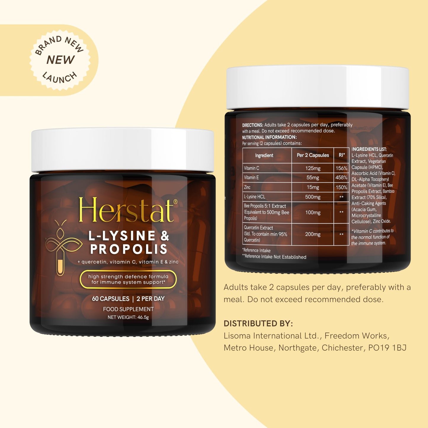 Herstat L-Lysine & Propolis Supplements | High Potency L Lysine Immune Support Formula with 5:1 Propolis Extract, Quercetin, VIT C, VIT E and Zinc