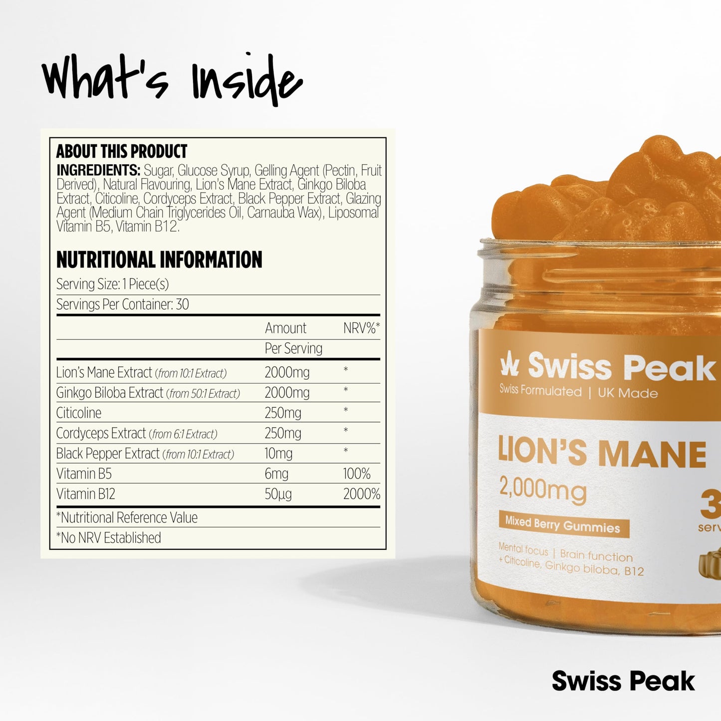 Swiss Peak Lion's Mane 2000mg Max-Strength Gummies, Ginkgo Biloba, Citicoline, Cordyceps, Vitamins B5, B12, 30 Pieces, UK Made | Mental Clarity, Effective Alternative to Capsules and Tablets