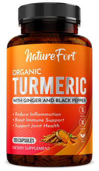Nature Fort Organic Turmeric Capsules High Strength 1400mg with Black Pepper and Ginger – Active Curcumin Formula – 120 Veg Capsules – Organic, Vegan, and Non-GMO – Enhanced Absorption