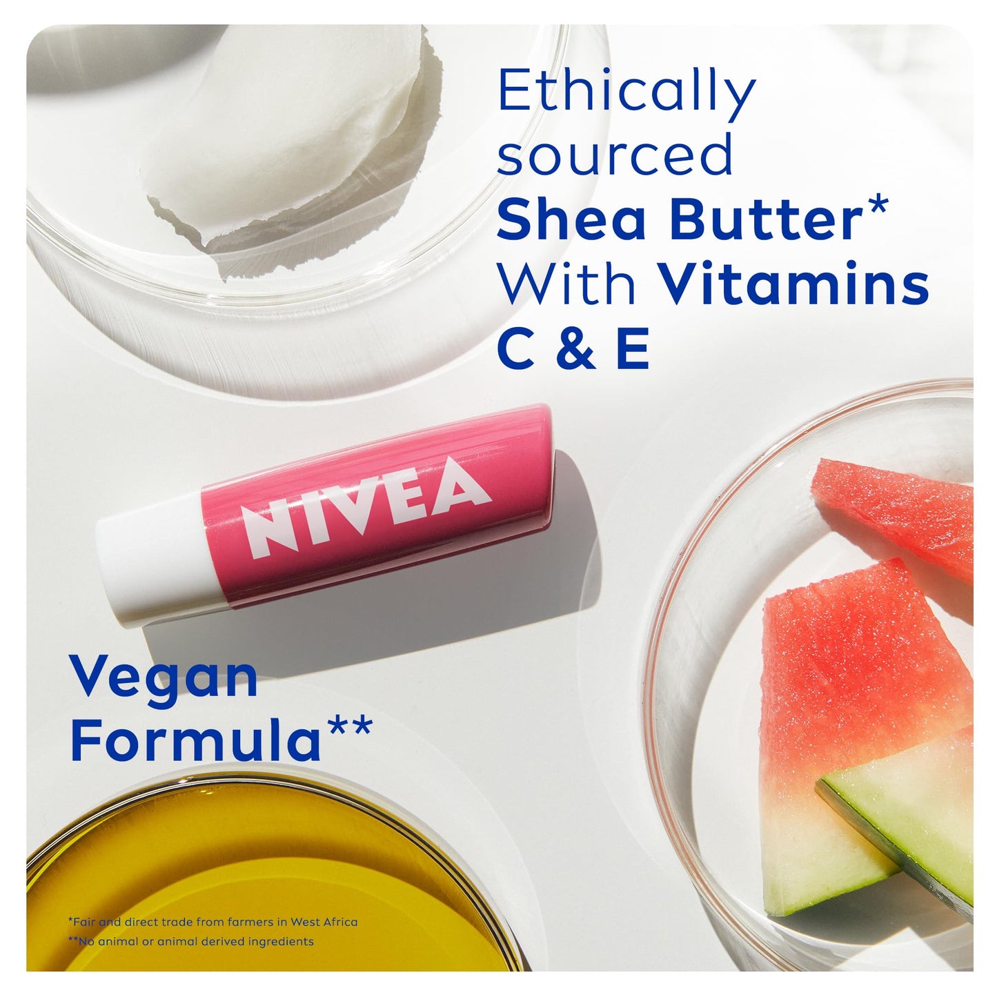 NIVEA Watermelon Shine Lip Balm (4.8g), Flavoured Lip Balm with Shea Butter, Natural Oils and Vitamins, Provides 24h Moisture and a Pink Shine, Vegan Lip Care Formula