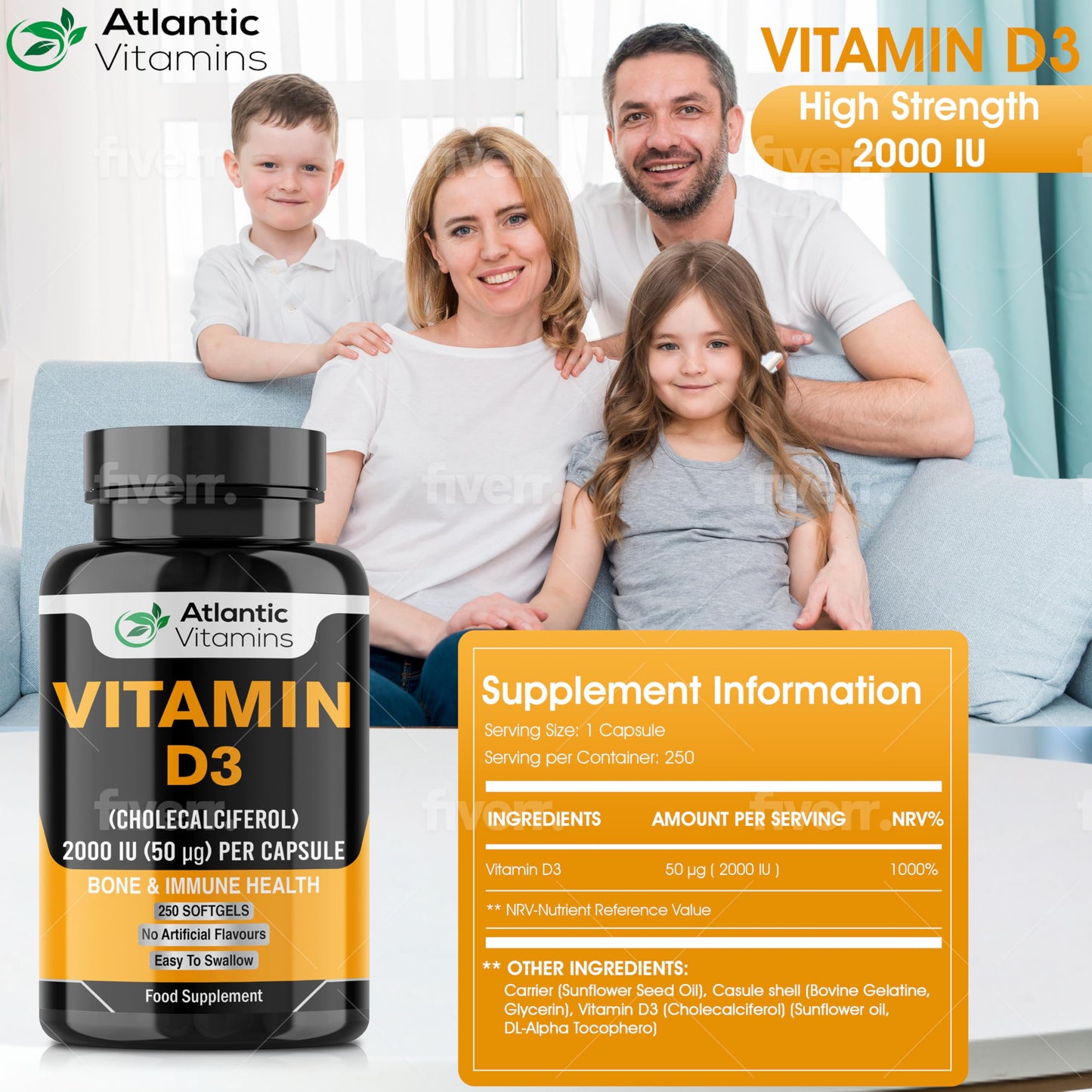Vitamin D3 2000iu Softgel Capsules - High Strength Vitamin D for Immune Support - Healthy Bones and Teeth - Muscle Function - Easy to Swallow Cholecalciferol VIT D3 - Atlantic Vitamins - UK Made