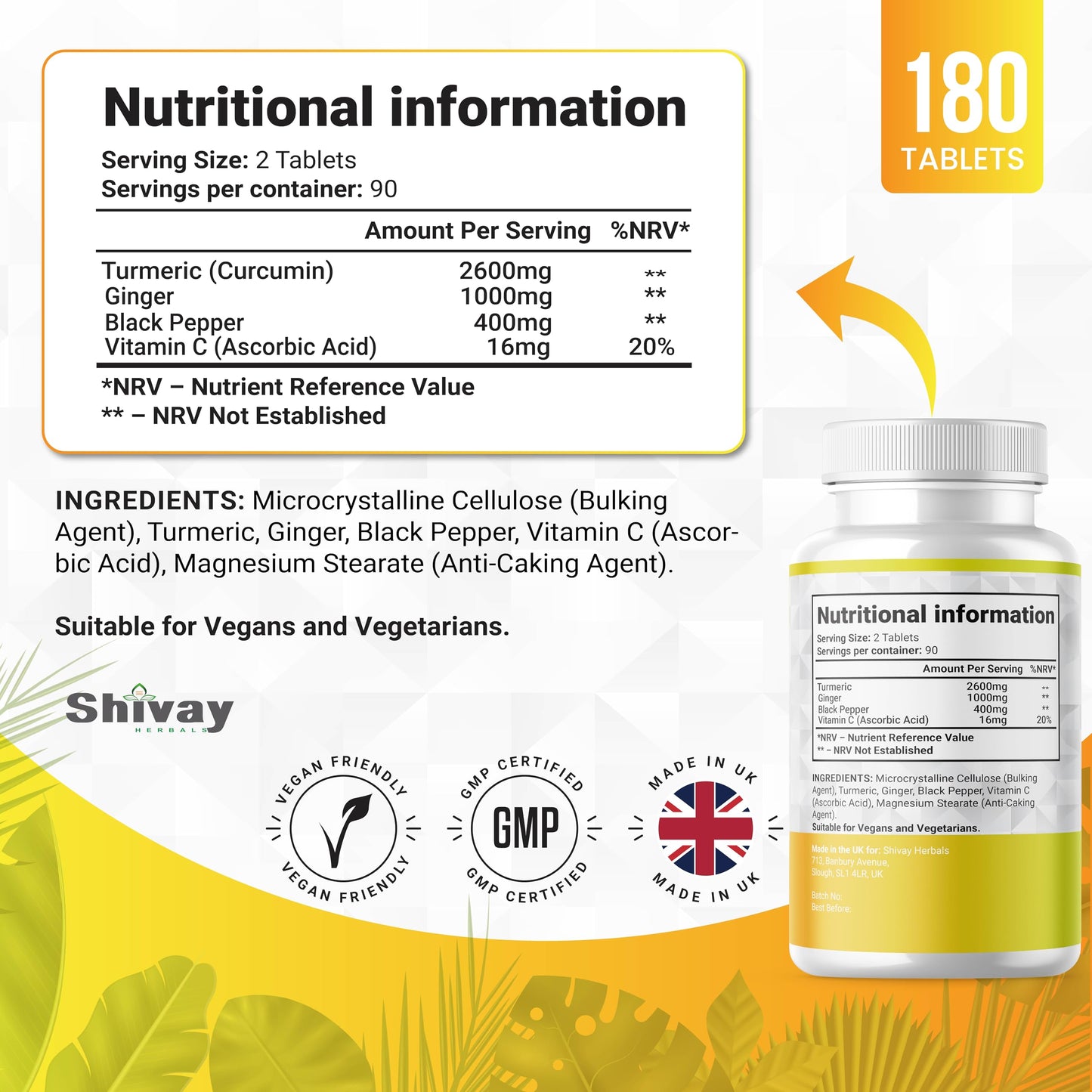Turmeric Curcumin 2600mg Per Serving | with Added Ginger, Black Pepper & Vitamin C | 180 Vegan Tablets - 3 Month Supply | High Strength Curcumin Natural Supplement | Made in The UK | Shivay Herbals