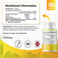 Turmeric Curcumin 2600mg Per Serving | with Added Ginger, Black Pepper & Vitamin C | 180 Vegan Tablets - 3 Month Supply | High Strength Curcumin Natural Supplement | Made in The UK | Shivay Herbals