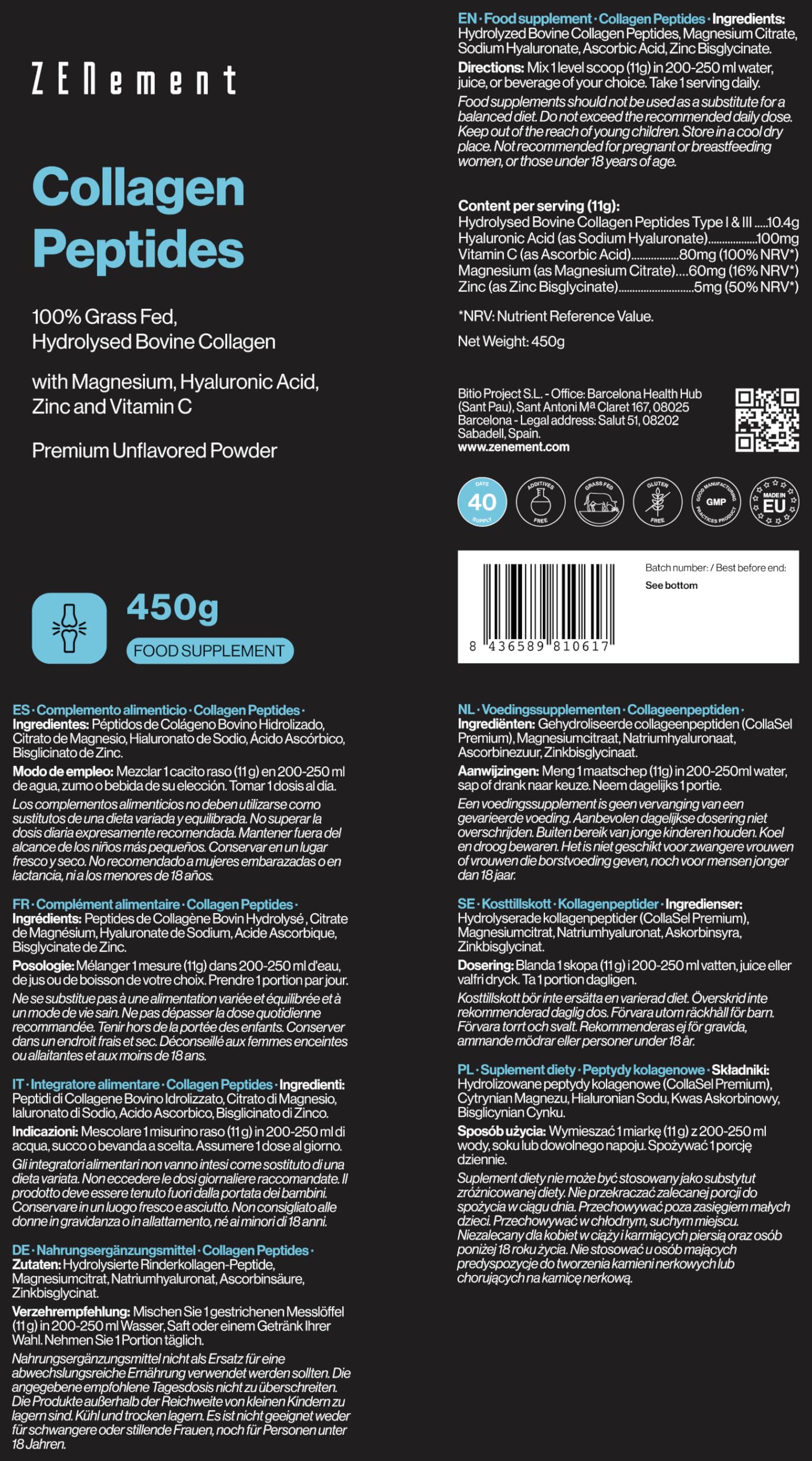 Zenement Collagen Peptides - Hydrolysed Collagen Powder (Type I, III) from Grass-fed Cattle - with Magnesium, Hyaluronic Acid, Zinc, and Vitamin C - Unflavoured - High Solubility - 450g