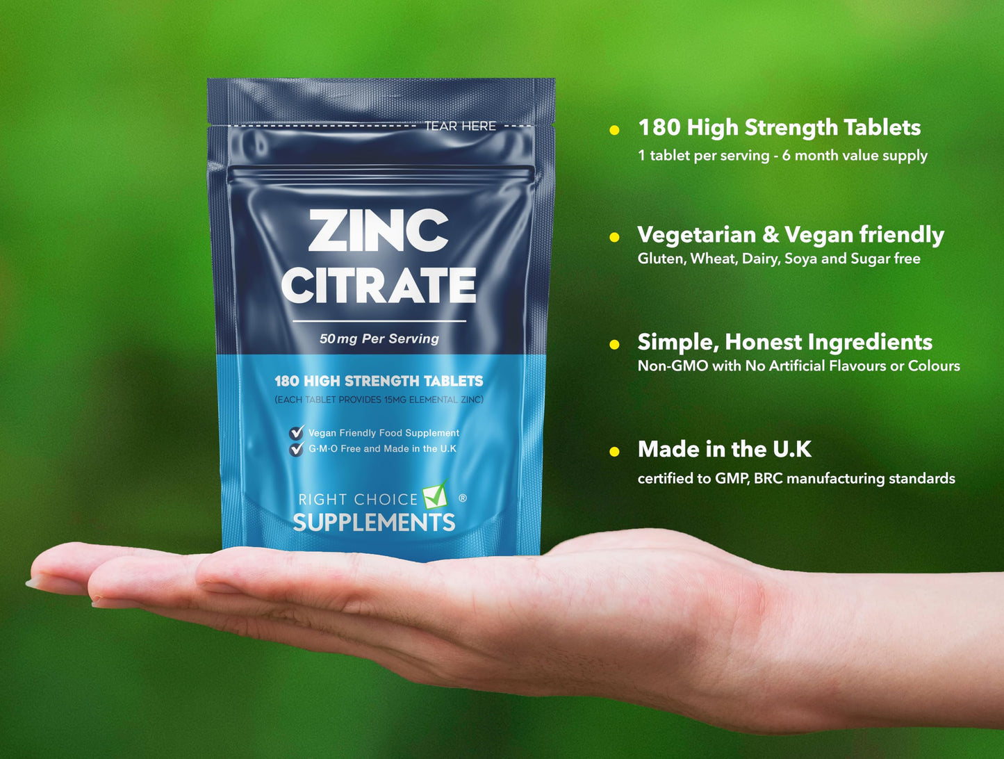 Right Choice Supplements Zinc Citrate 50mg Tablets – 180 High Strength Vegan Tablets (6 Months Supply) – Highly Absorbable Zinc Supplements for Maintenance of Normal Immune System, Bones, Hair, Skin & Nails – Made in UK