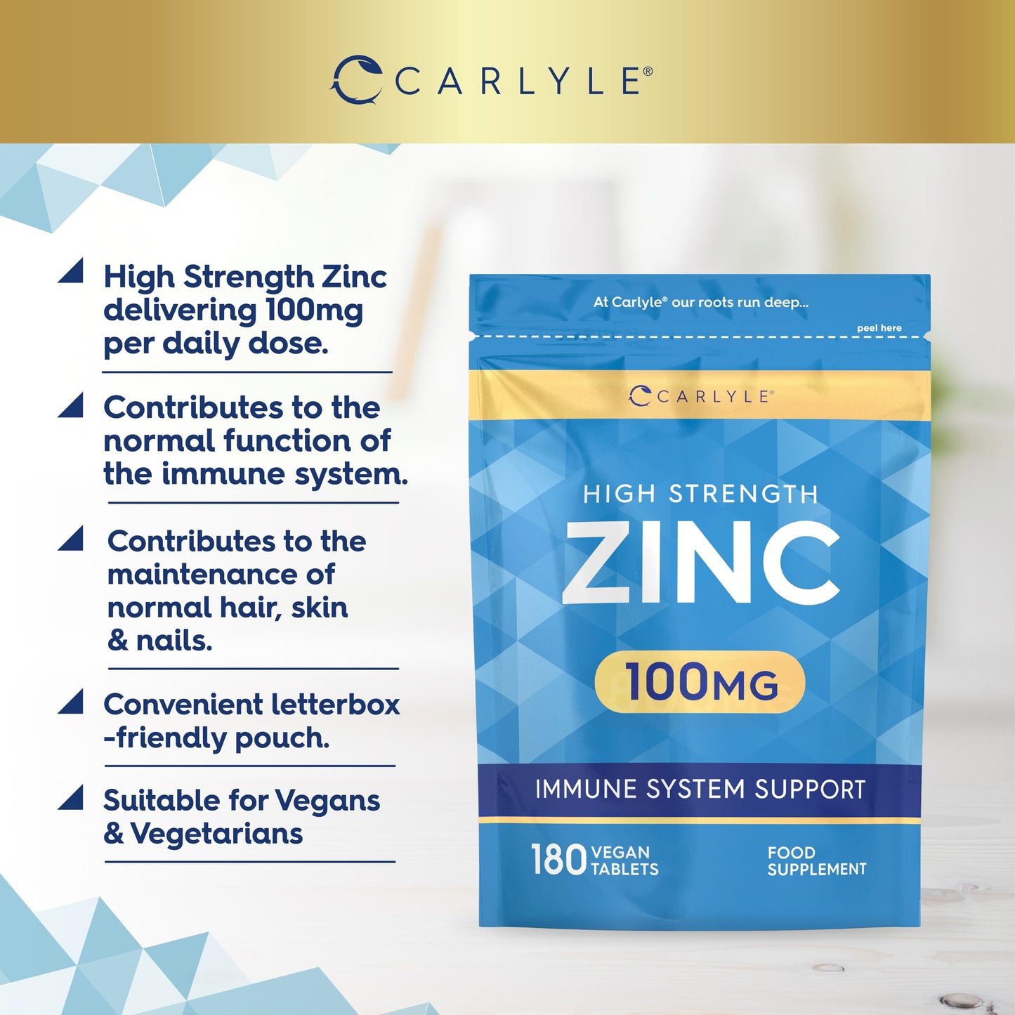 Zinc Supplements 100mg | High Strength Zinc Tablets | 180 Count | Suitable for Vegetarians & Vegans | Carlyle