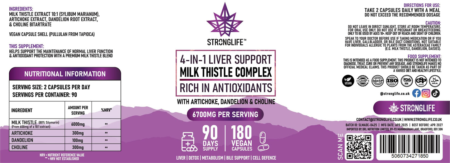 Stronglife Milk Thistle Complex Capsules – 6000mg Silymarin Extract with Artichoke, Dandelion & Choline – Liver & Detox Support for Men & Women – 180 Capsules – 90 Day Supply