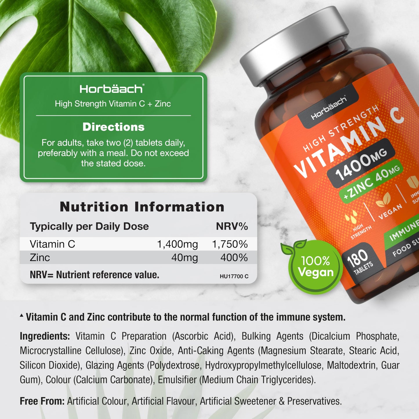 Vitamin C and Zinc | 180 Vegan Tablets | High Strength Vitamin C 1400mg and Zinc 40mg | Immune System Support | by Horbaach