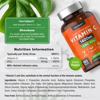 Vitamin C and Zinc | 180 Vegan Tablets | High Strength Vitamin C 1400mg and Zinc 40mg | Immune System Support | by Horbaach