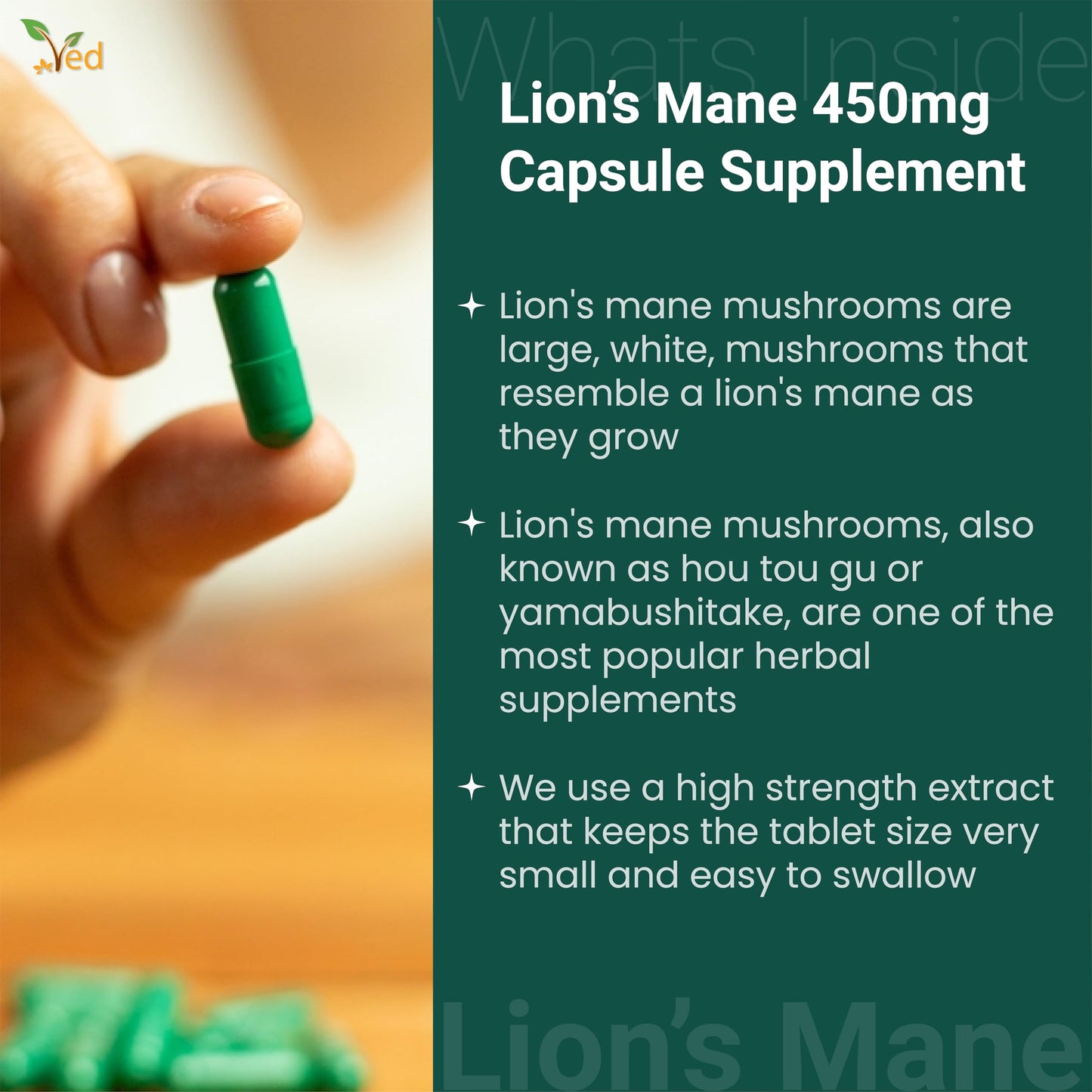 VED Ved Lion’s Mane Supplement 450mg, Lion's Mane Mushroom 15:1 Extract 90 Capsule (3 Months Supply)