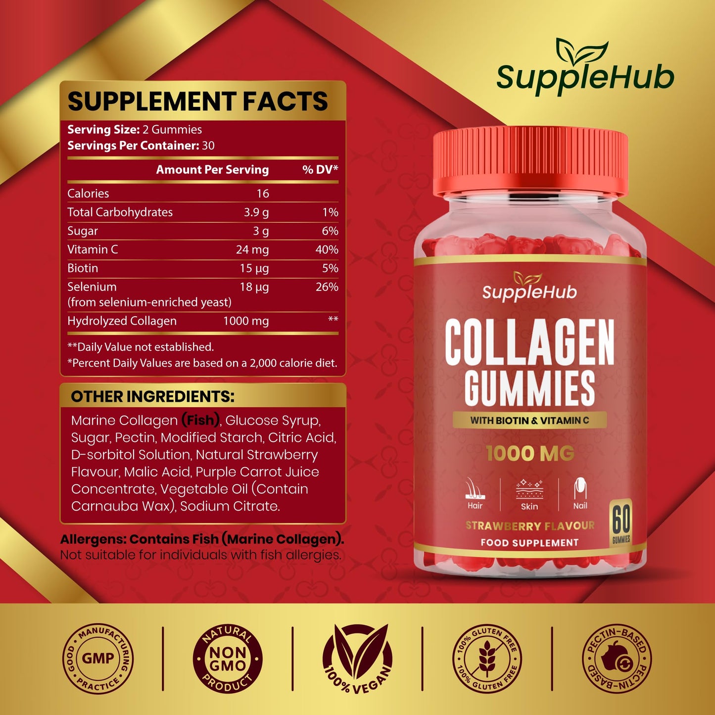 SuppleHub Collagen Gummies 1000mg - Hydrolysed Collagen Peptides with Biotin & Vitamin C - Collagen Supplements for Women & Men - Skin, Hair, Nails & Joint - Strawberry Flavour - 60 Gummies/Bottle