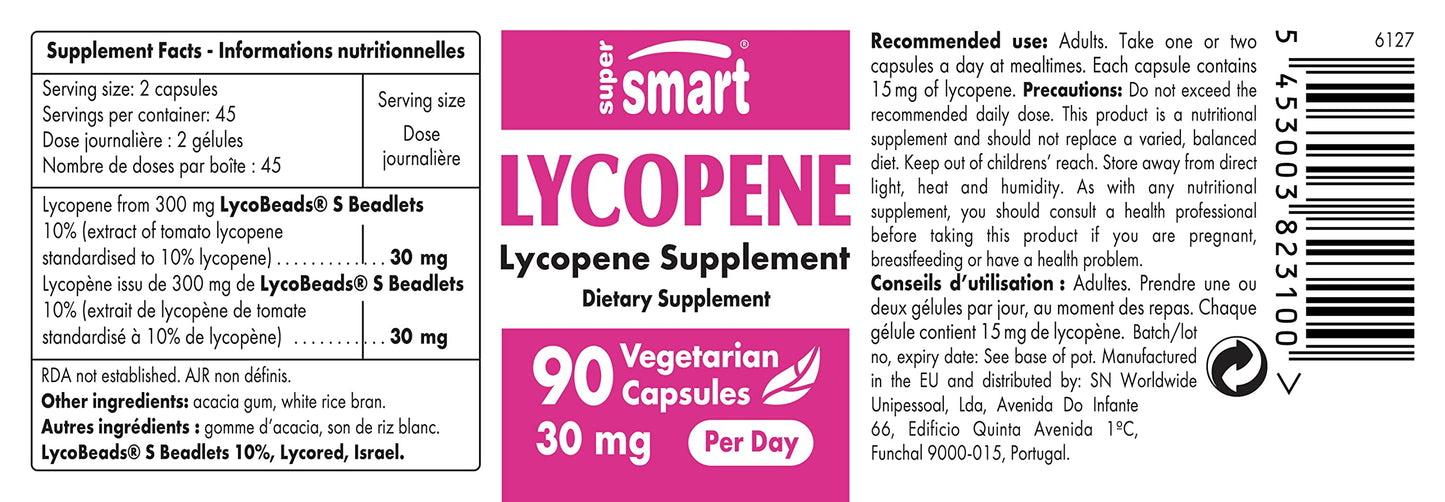 Supersmart - Lycopene 30 mg Per Serving - Extract of Tomato Lycopene Standardized to 10% Lycopene - Raises Lycopene Levels in Blood - Prostate Health | Non-GMO & Gluten Free - 90 Softgels