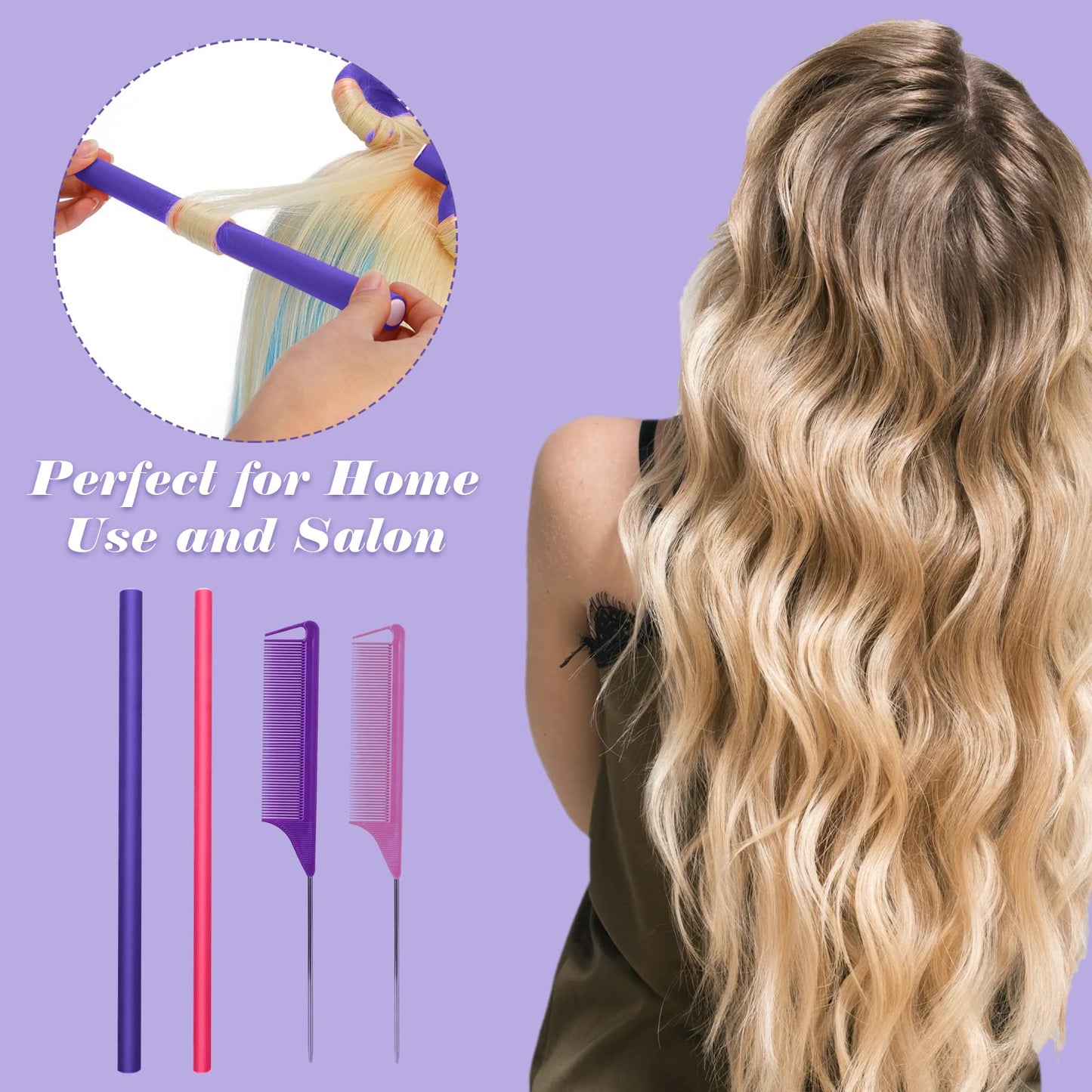 VEGCOO 42 Pcs Flexible Curling Rods Kit, 40 Pcs 9.5'' Flexi Rods in 0.3''/0.5'' Diameters with 2 Pcs Steel Pintail Comb for Long Hair, Short Hair, DIY Hair Salon