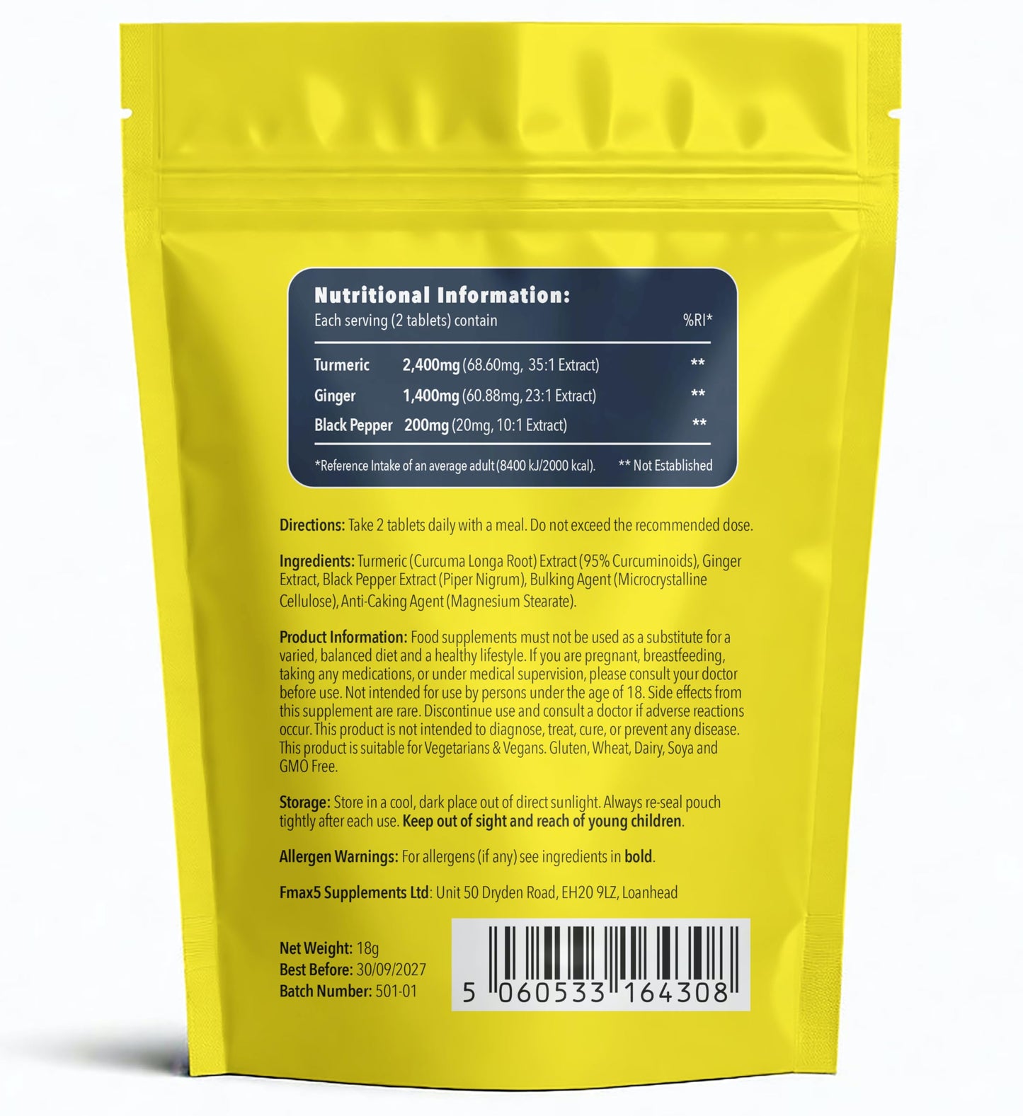 formula max5 nutrition Turmeric Tablets 2400mg (per Serving) with Black Pepper & Ginger | 120 High Strength Curcumin Supplements | Vegan and Gluten Free | UK Made