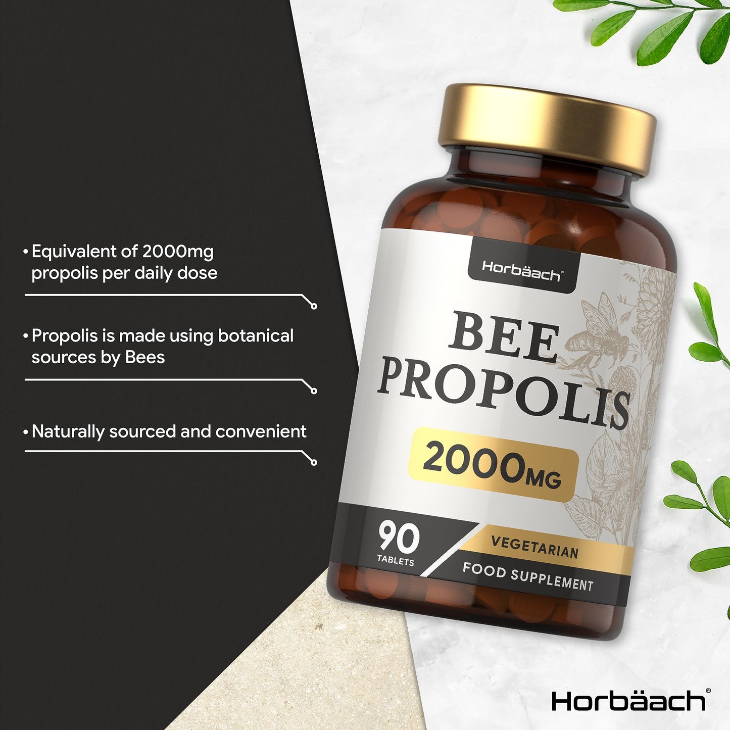 Bee Propolis Tablets | 2000mg | 90 Vegetarian Tablets | No Artificial Preservatives | by Horbaach