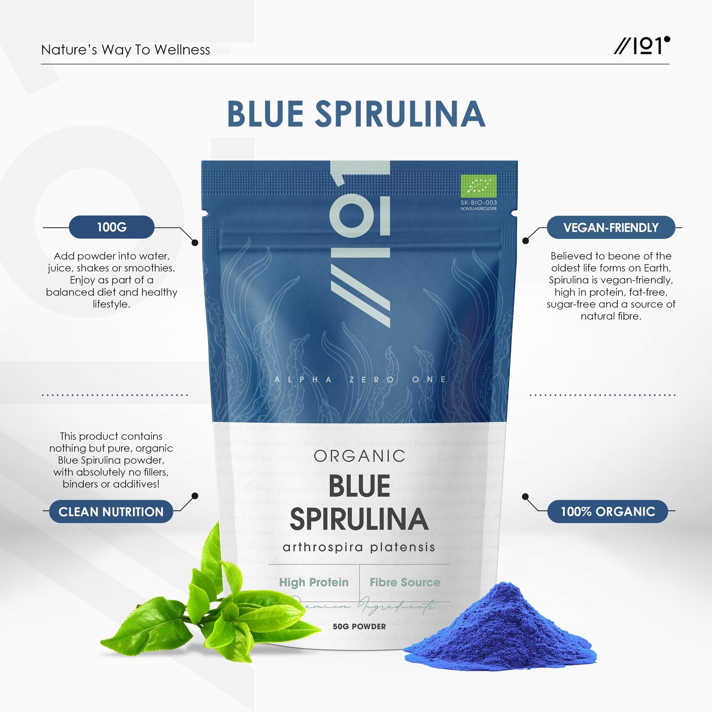 Organic Blue Spirulina Powder 100g – 100% Pure Phycocyanin – No Added Sugar – Resealable and Recyclable Pouch – by Alpha01®