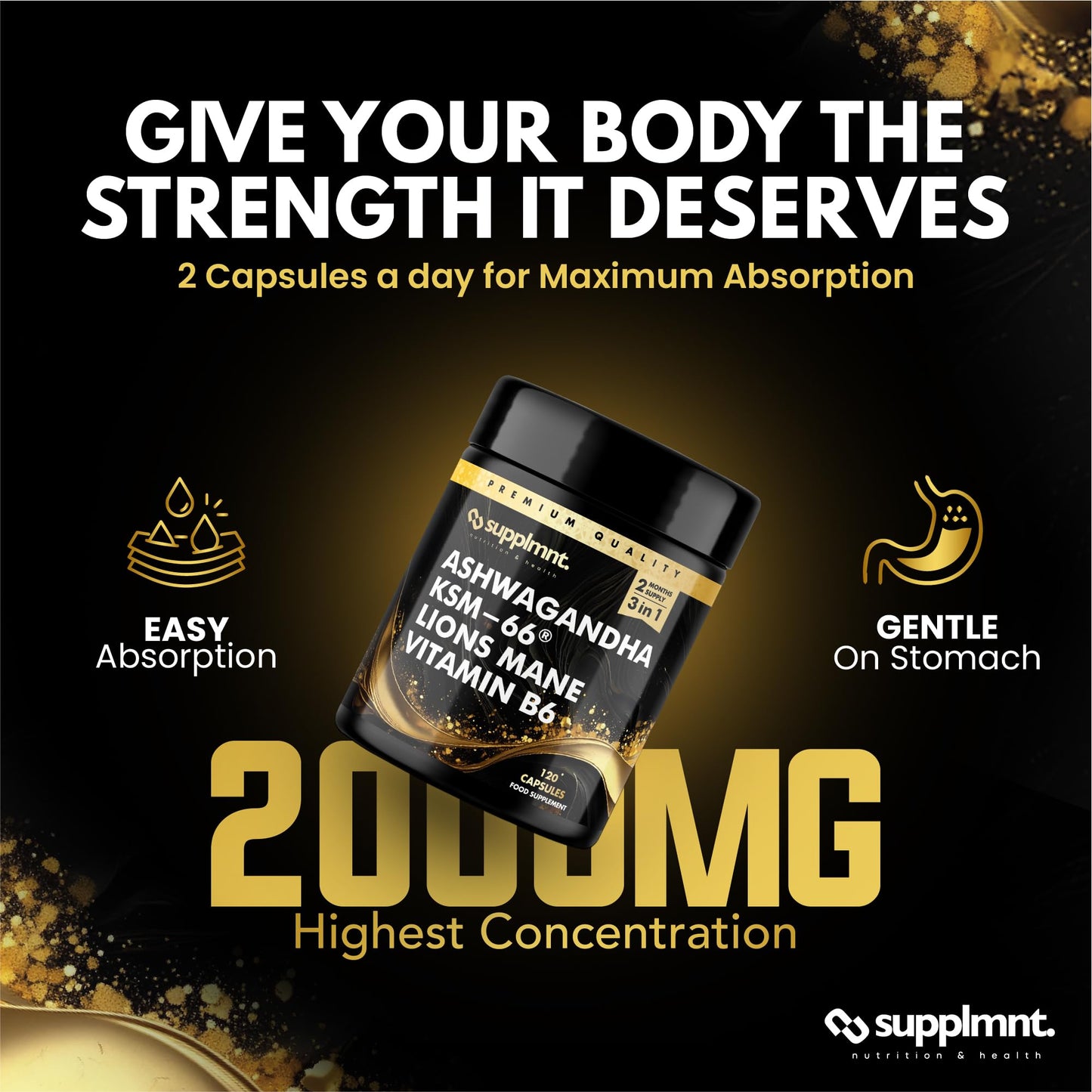 supplmnt. Ashwagandha KSM-66, Lions Mane & Vitamin B6 Capsules - High Strength 2000mg KSM-66 Ashwaghandha Root Extract & Lions Mane Mushroom with Vitamin B6 2-120 Vegan Capsules with Black Pepper - 2 Months