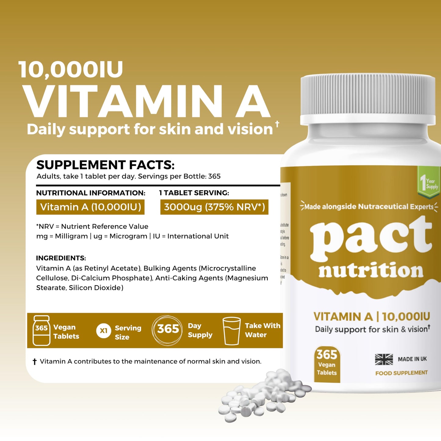 Pact Nutrition Vitamin A 10,000 IU – 365 Easy to Swallow Tablets (1 Year Supply) - High Strength Vitamin A Supplement for Normal Skin, Vision, Eyes & Immune System – Vegan