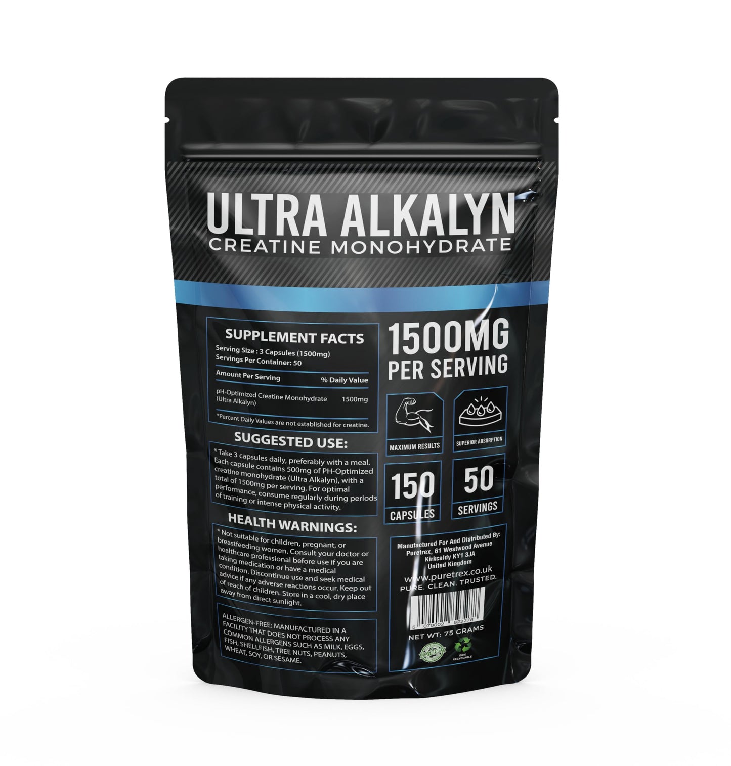 Puretrex Ultra Alkalyn Hardcore Creatine Monohydrate, 150 Capsules, Max Strength, Balanced pH, Energy, Strength, Focus KRE