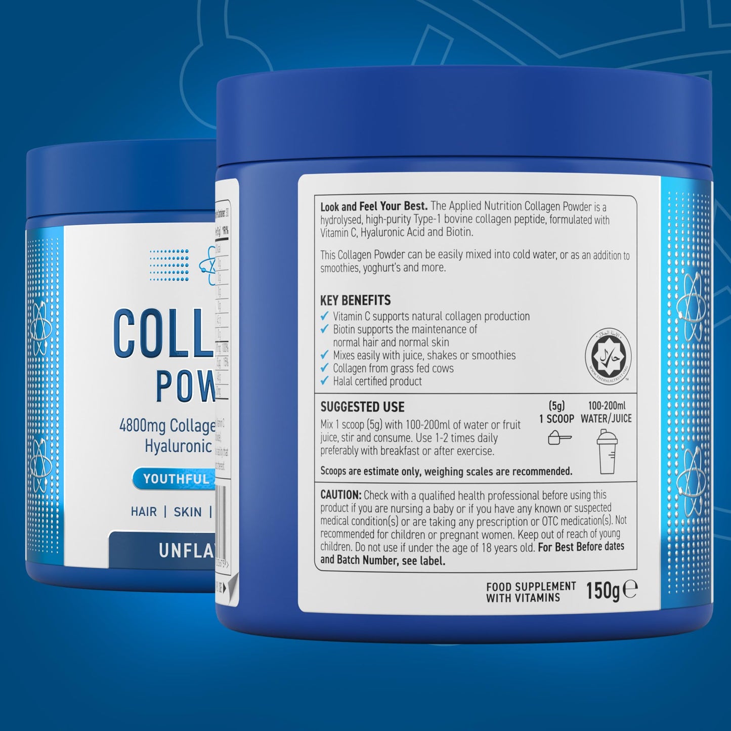 Applied Nutrition Collagen Peptides Powder - Hydrolysed Bovine Collagen Protein, Halal, Healthy Skin, Hair, Nails (Unflavoured) (150g - 30 Servings)