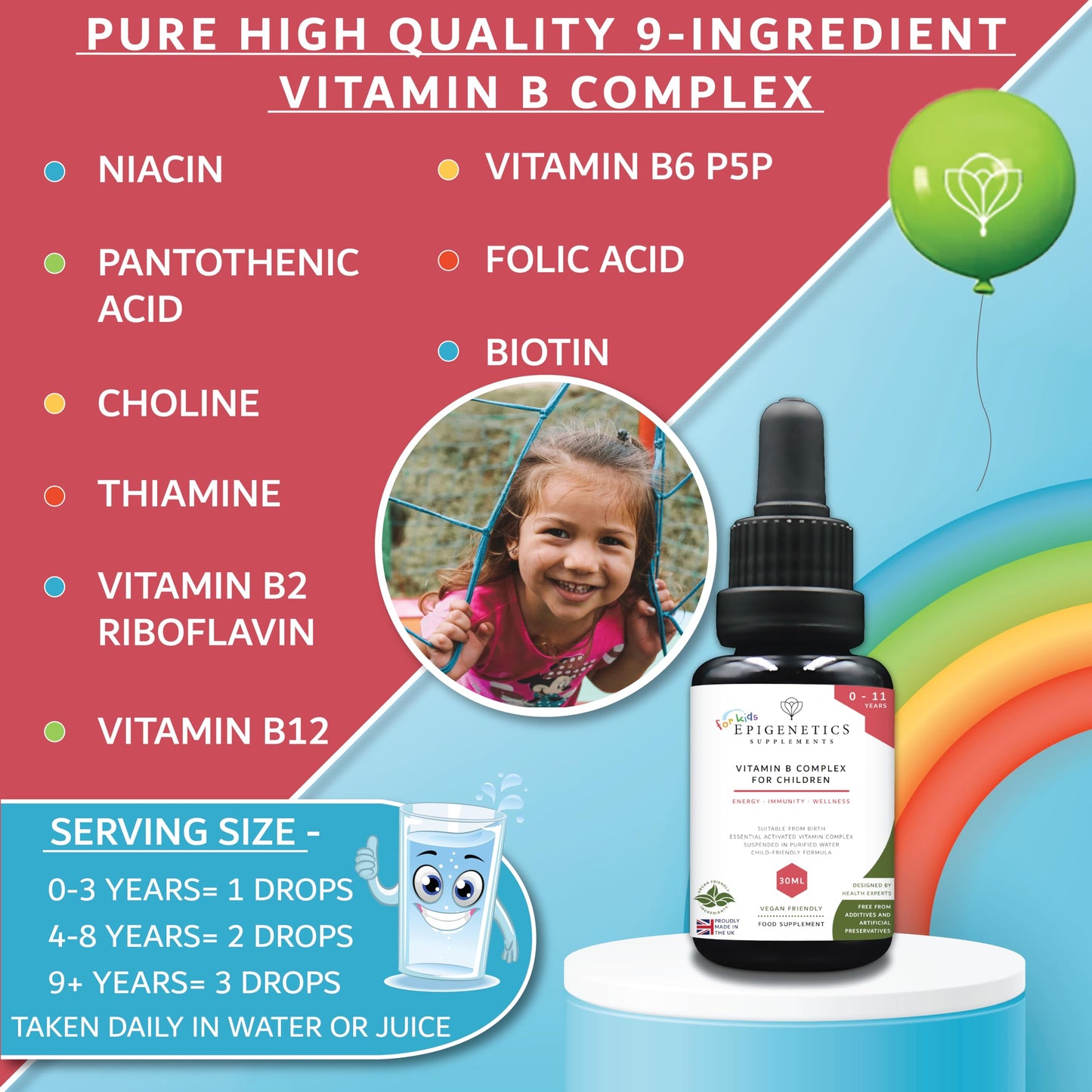 Vitamin B Complex for Children 30ml | 9 B-Vitamins Supplement from Birth 0-11 Years | Newborn Baby Kids Sugar Free UK Made Vegetarian Liquid | 1 Drop Daily
