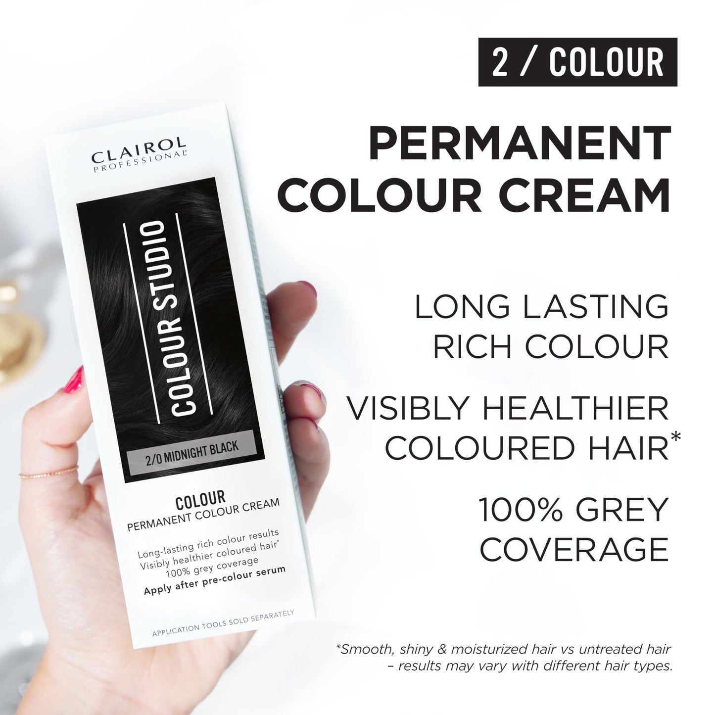 Clairol Colour Studio Permanent Colour Cream | Hair Dye | Long-lasting Rich Tones | 100% Grey Coverage | Dermatologically Tested Vegan Formula | Hair Colouring Kit | Midnight Black 2/0 | 50ML