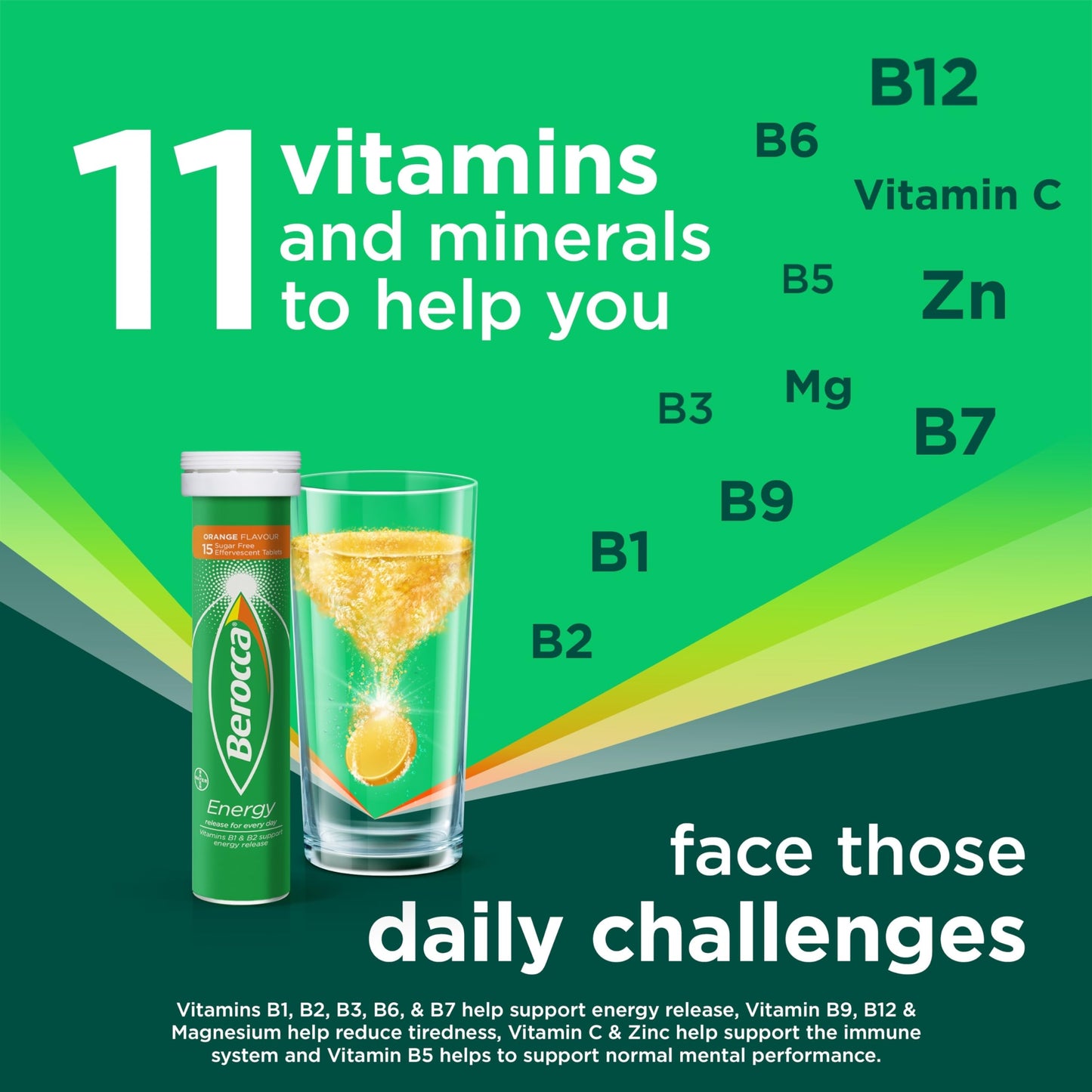 Berocca Vitamin C Effervescent Tablets, with Magnesium, Vitamin B12 and Vitamin B Complex (B1, B2, B3, B5, B6, B7, B9 and B12), Orange Flavour Tablets, 15 Tablets