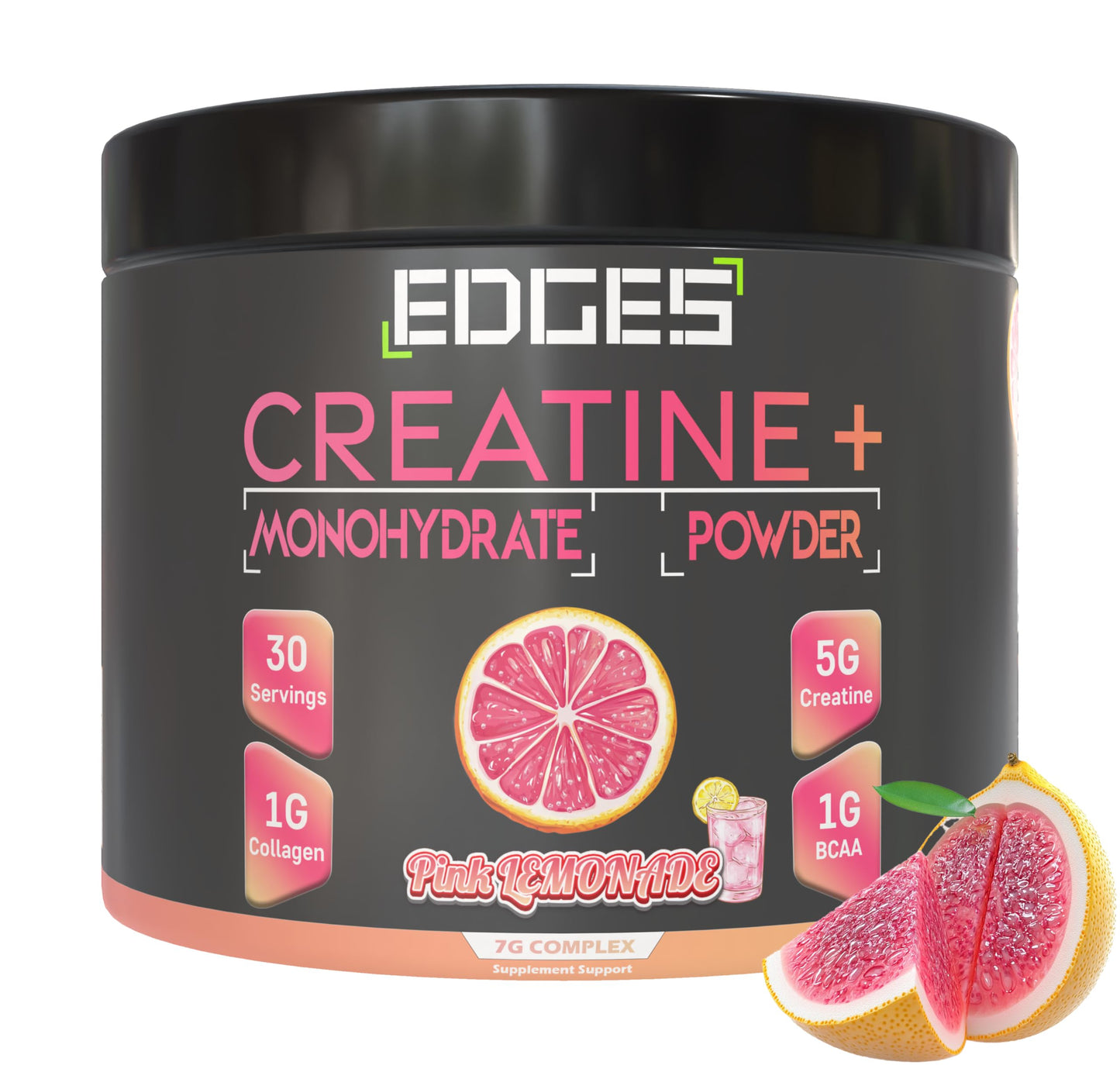 Edges Creatine+ | 5g Creatine (200 Mesh) | 1g BCAAs | 1g Collagen | Creatine Monohydrate Powder - Pink Lemonade Flavoured Creatine - Boost Muscle Performance - 30 Servings (272g, Pink Lemonade)