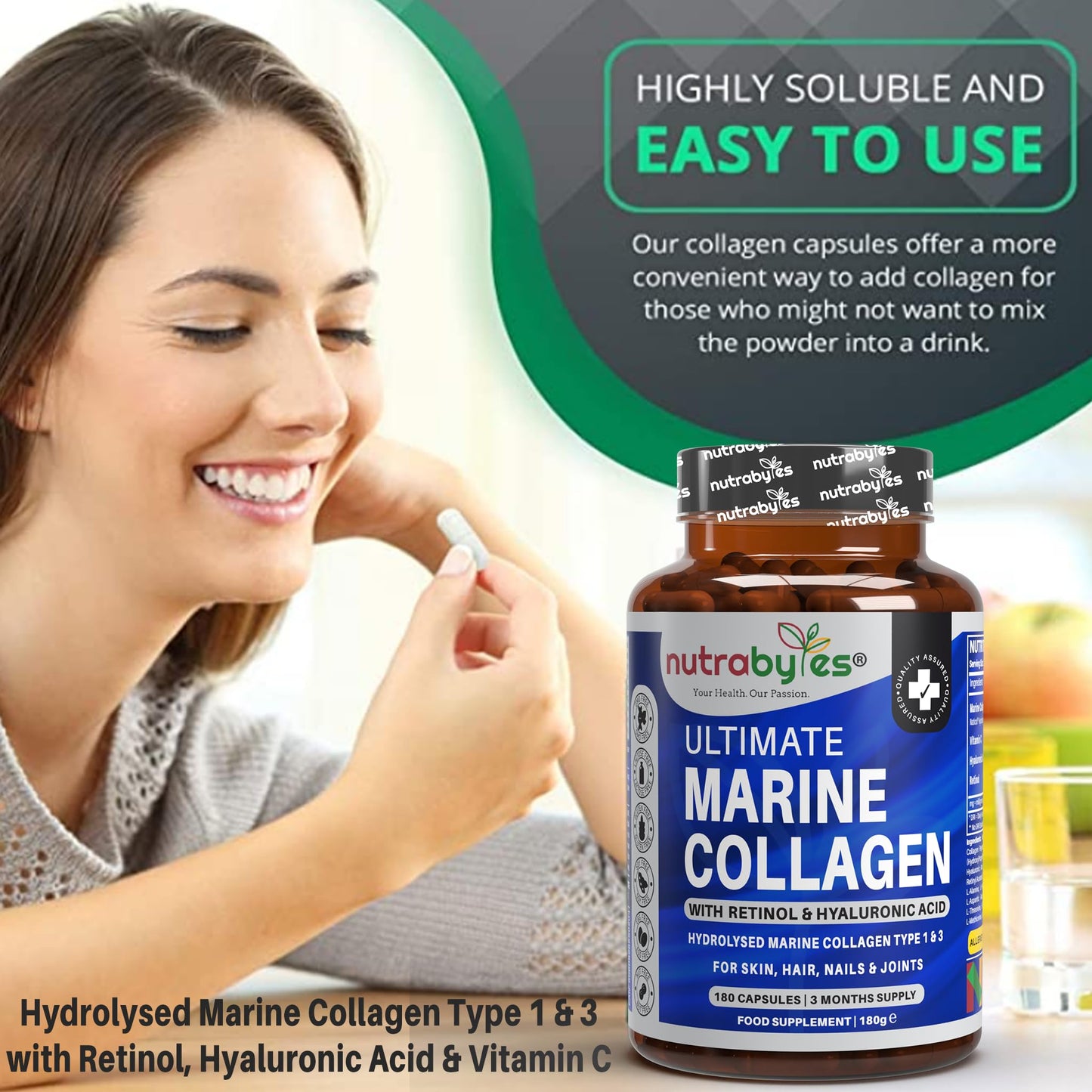 NUTRABYTES Marine Collagen Capsules with Hyaluronic Acid and Vitamin C 1200mg | 180 Capsules - 3 Months Supply | Hydrolysed Marine Collagen Supplement for Women and Men | Hair Skin Nails Joints | Made in UK