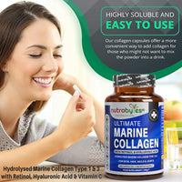 NUTRABYTES Marine Collagen Capsules with Hyaluronic Acid and Vitamin C 1200mg | 180 Capsules - 3 Months Supply | Hydrolysed Marine Collagen Supplement for Women and Men | Hair Skin Nails Joints | Made in UK
