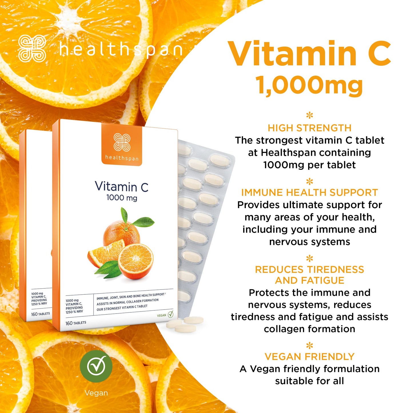 healthspan Healthspan Vitamin C 1,000mg (10 Months' Supply) | Support Your Immune Health | Reduces Tiredness & Fatigue and Supports Joint, Skin & Bone Health | Vegan
