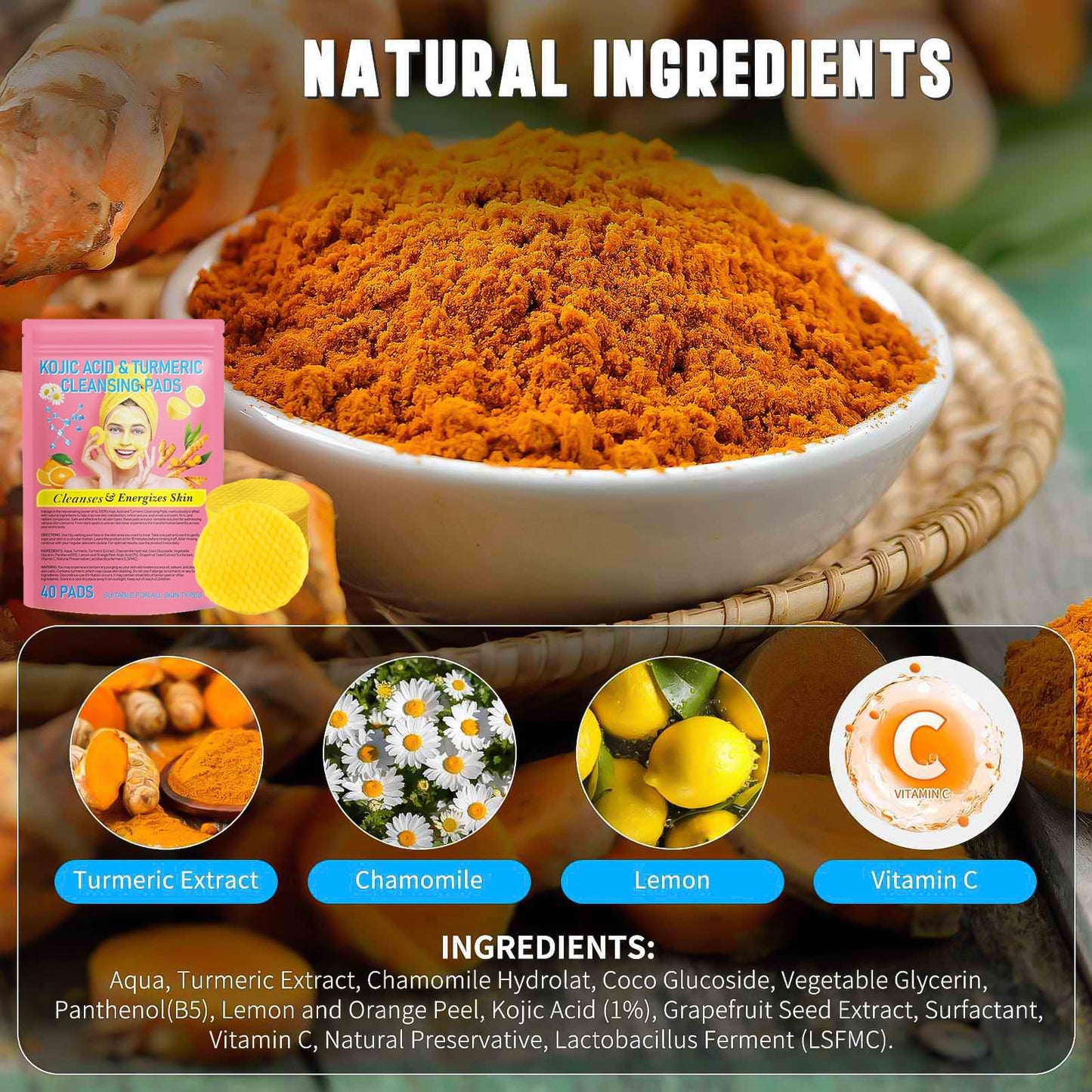 HAORQEE Kojic Acid and Turmeric Pads, Kojic Acid Cleansing Pads, Face Exfoliator Facial Sponges for Cleansing and Exfoliating (40PCS)