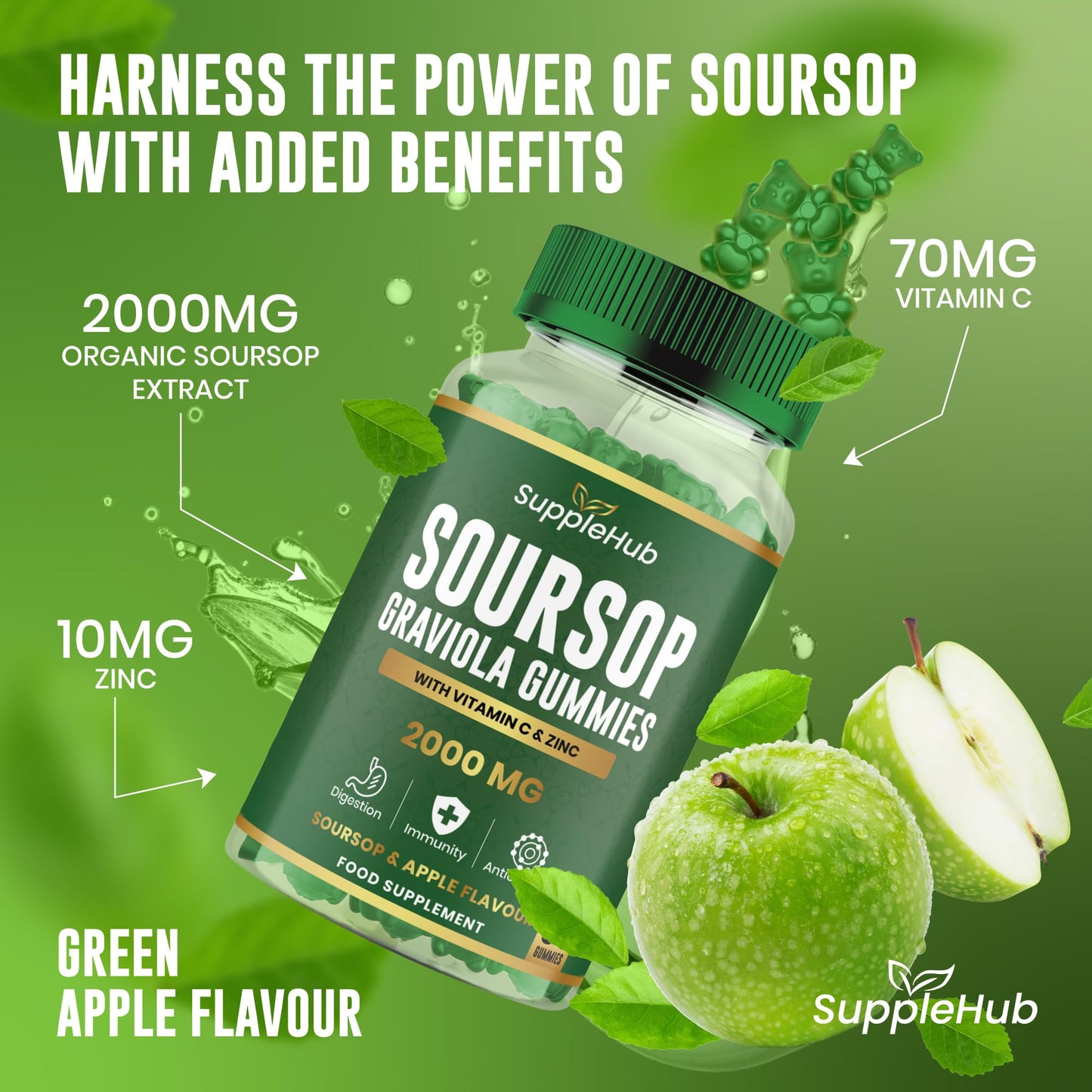 SuppleHub Soursop Gummies 2000mg – with Vitamin C & Zinc – Immune Support, Antioxidant – Gluten-Free, Vegan, Apple Flavour – 60 Gummies