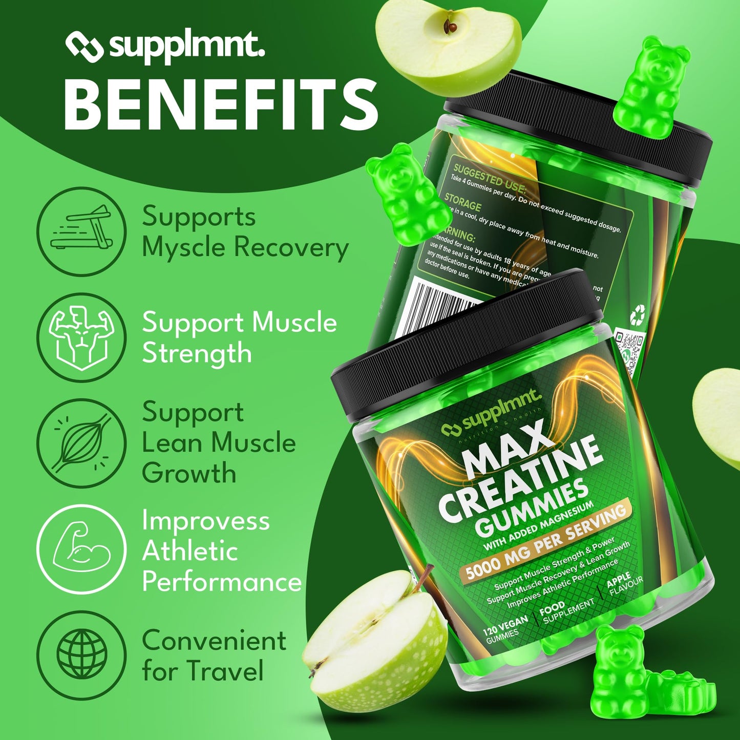 Creatine 120 Gummies Max 5000mg for Men and Women Creatine Monohydrate with Added Magnesium - Chewable Gummies, Apple Flavour (1 Month Supply)