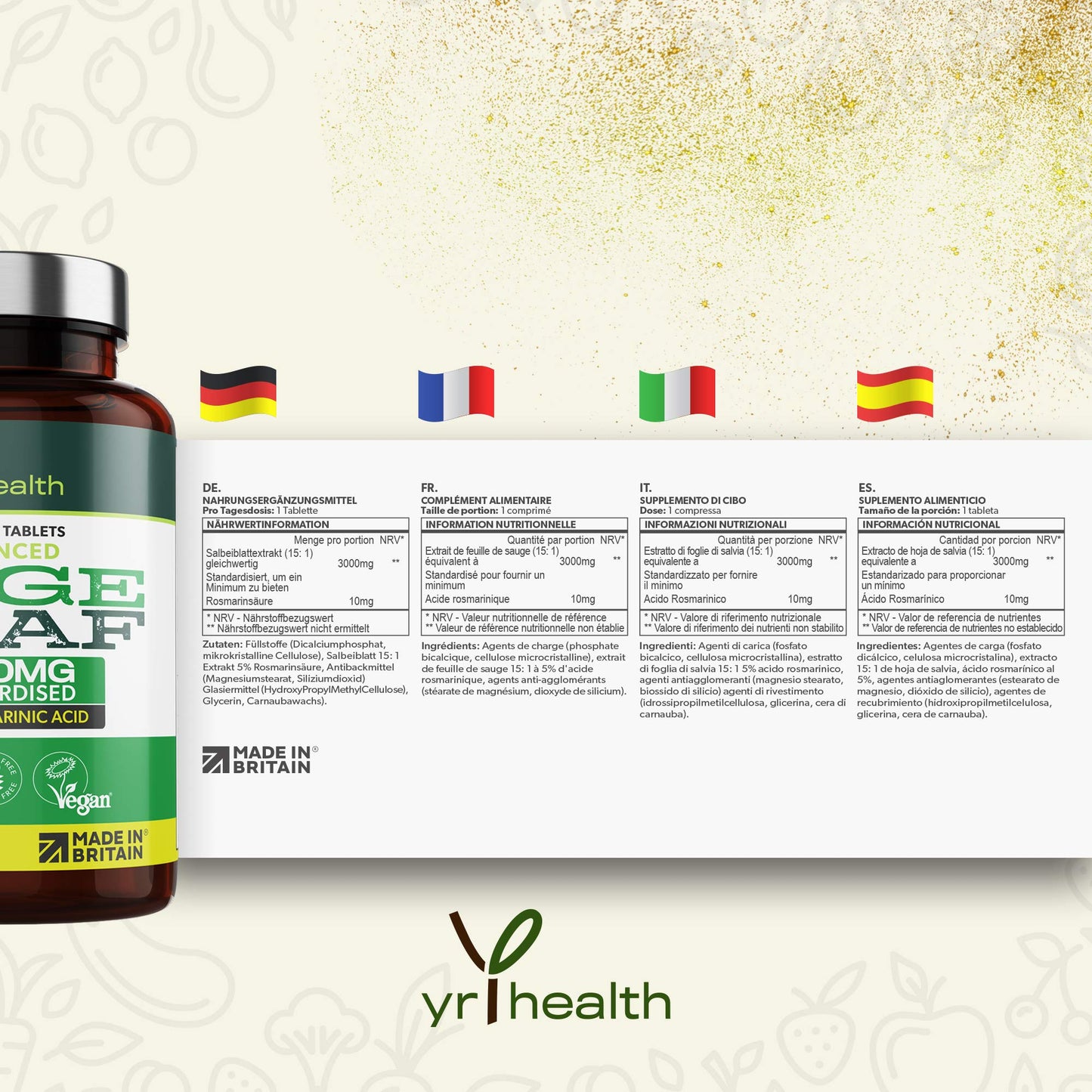 yrhealth Sage Tablets 3000mg High Strength for Hot Flushes, Night Sweats, Perimenopause & Menopause Symptoms - 90 Vegan Tablets not Capsules - Standardised 10mg Rosmarinic Acid - Made in The UK by YrHealth