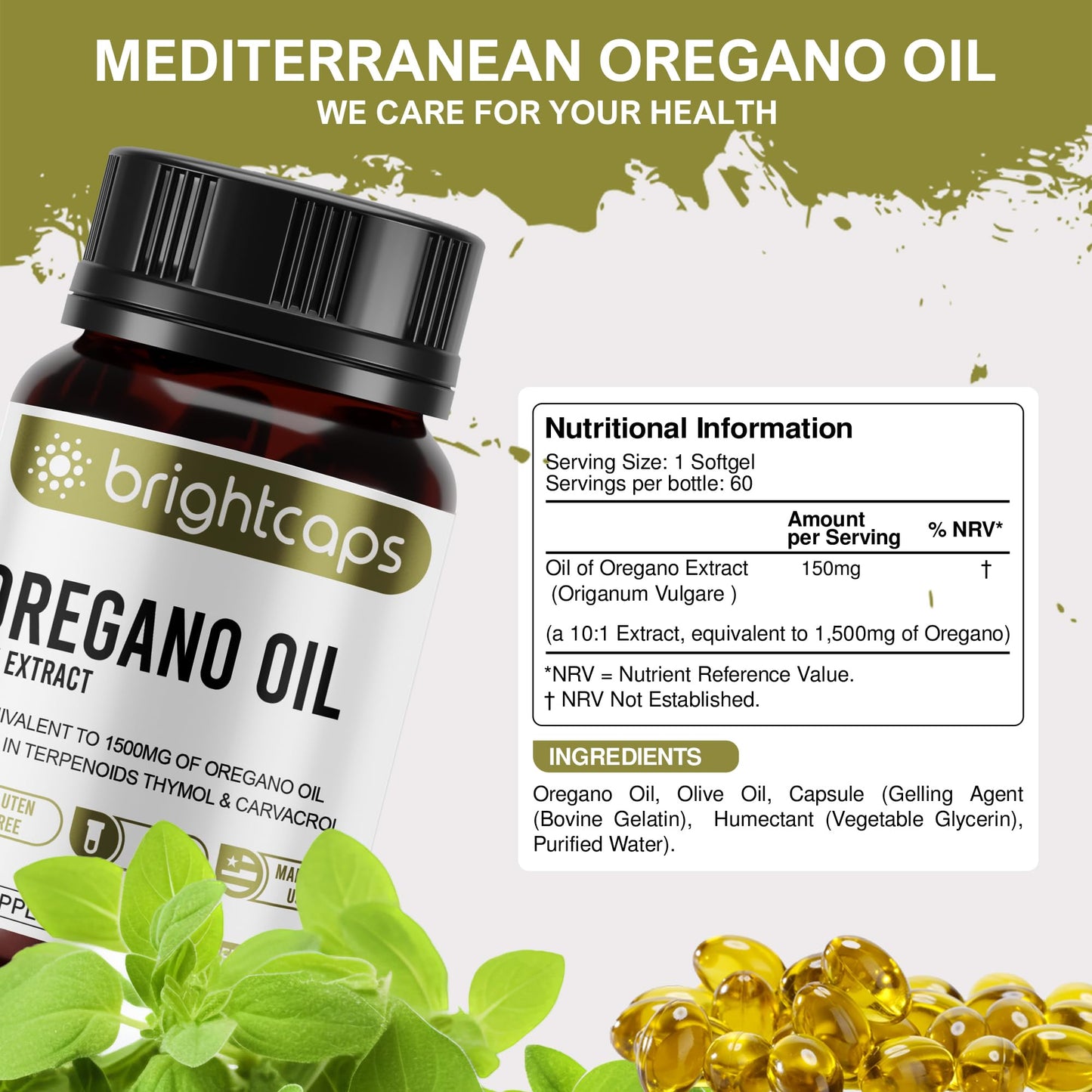 Wild Oregano Oil - Extract 10:1 Equivalent to 1500mg - High in Carvacrol & Thymol - 60 Softgels