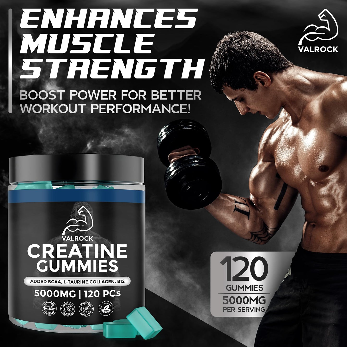 Valrock Creatine Monohydrate 5000mg 120 Gummies for Men | Added L-Taurine, BCAA's, Collagen, B12 | Muscle Growth Gains | Chewable Gummies, Mixed Berry Flavour (1 Month Supply)